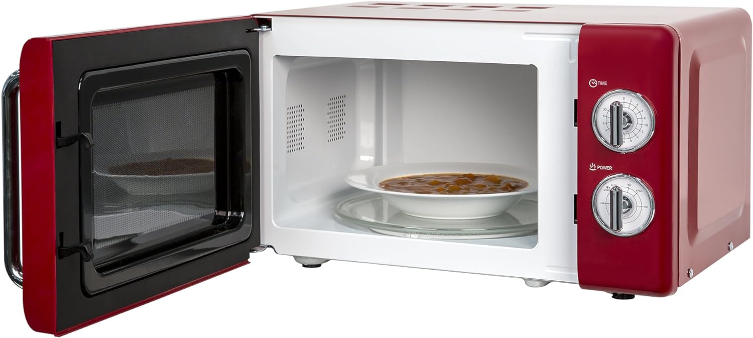 Russell Hobbs RHRETMM705R - N 17 L 700 W Red Compact Retro Solo Manual Microwave with 5 Power Levels, Timer, Defrost Setting, Easy Clean - Amazing Gadgets Outlet