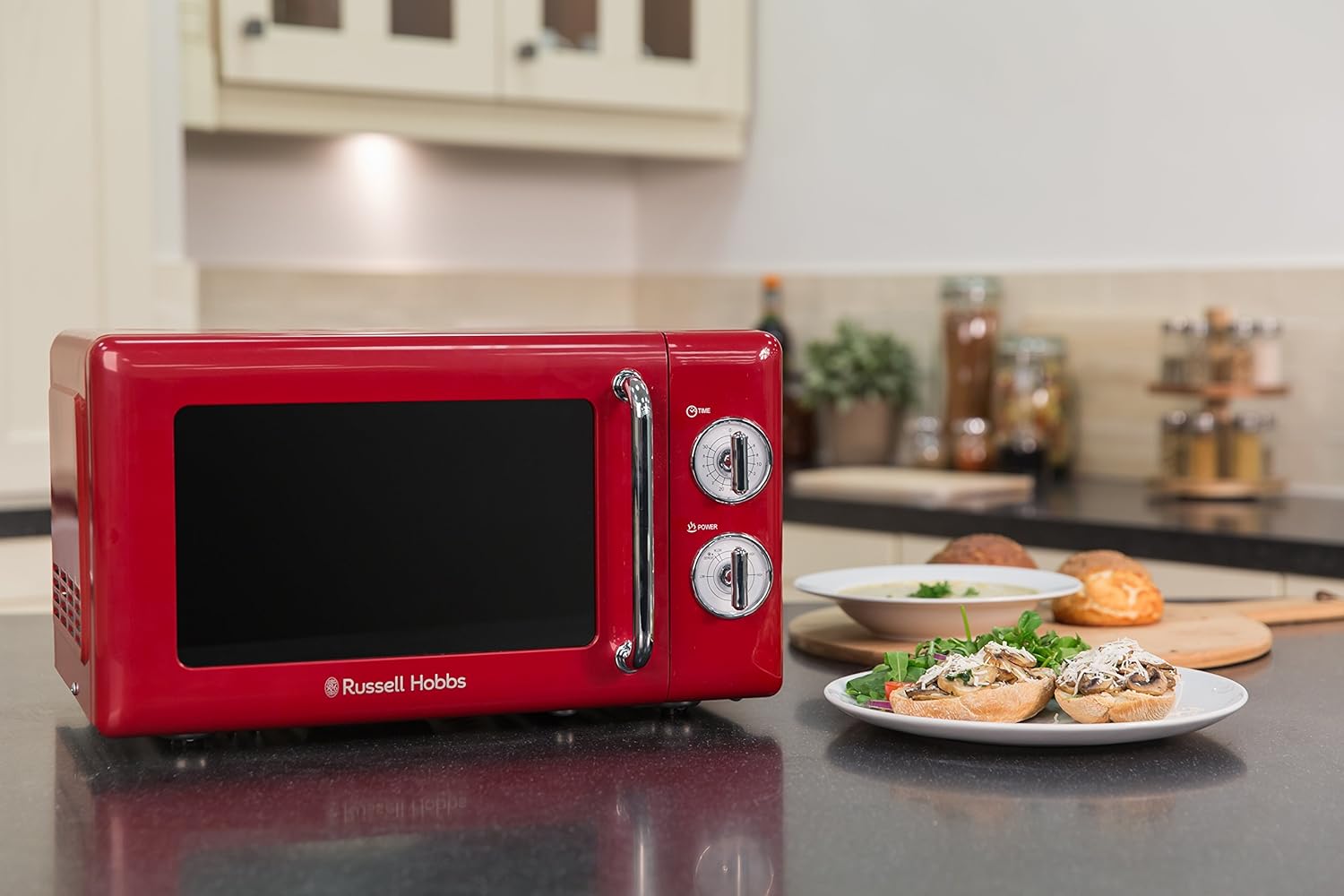 Russell Hobbs RHRETMM705R - N 17 L 700 W Red Compact Retro Solo Manual Microwave with 5 Power Levels, Timer, Defrost Setting, Easy Clean - Amazing Gadgets Outlet