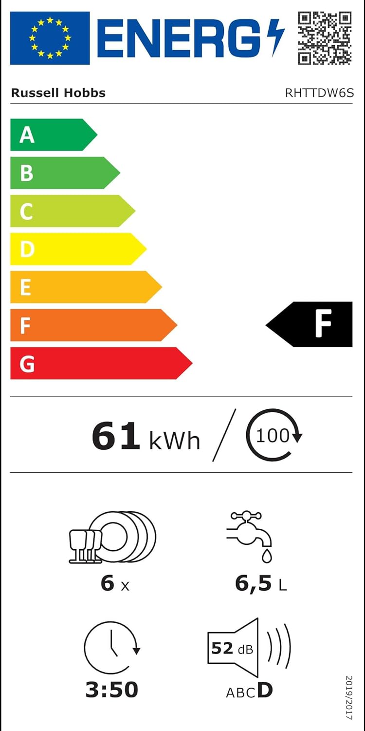 Russell Hobbs RHTTDW6S Freestanding Compact Dishwasher, Eco mode, 6 place settings, Noise level: decibels 52 (Energy Class F), Silver - Amazing Gadgets Outlet