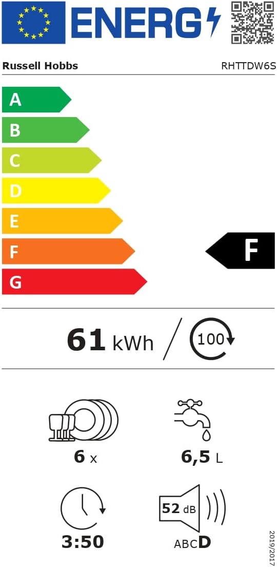Russell Hobbs RHTTDW6S Freestanding Compact Dishwasher, Eco mode, 6 place settings, Noise level: decibels 52 (Energy Class F), Silver - Amazing Gadgets Outlet