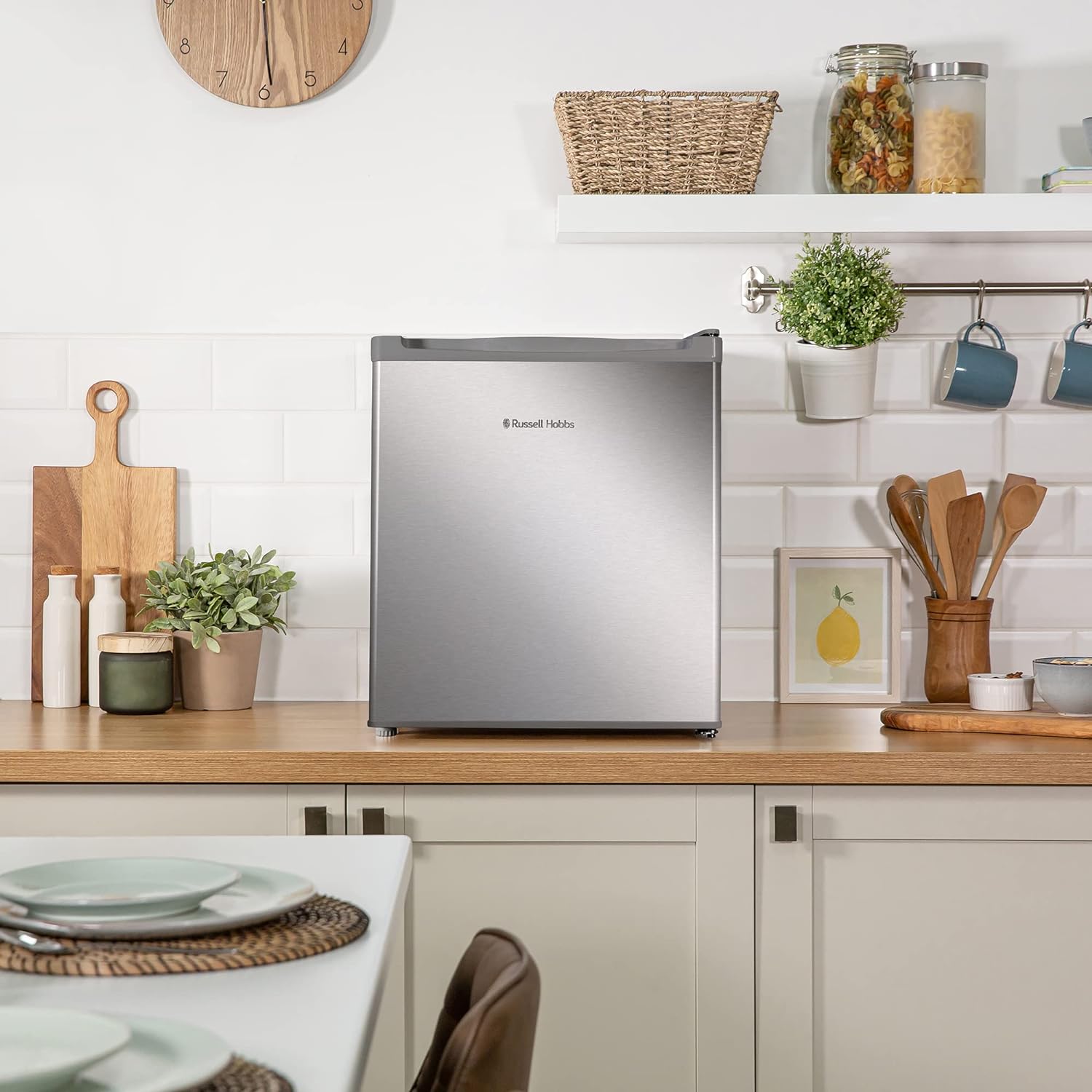 Russell Hobbs, RHTTLDR2SS Table Top Larder Fridge, Mini Fridge 40L Capacity, Quiet Running 39DB, Reversible Door, 0 to 8 Degrees Manual Temperature Control, Stainless Steel - Amazing Gadgets Outlet