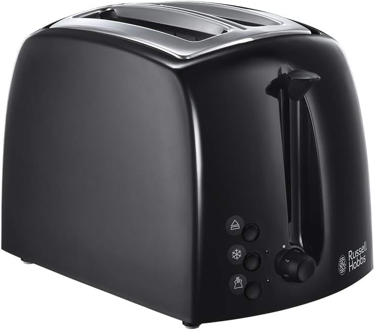 Russell Hobbs Textures 2 Slice Toaster (Extra Wide Slots, 6 Browning levels, Frozen, cancel & reheat function with indicator lights, Removable crumb tray, 850W, Black matt & high gloss finish) 21641 - Amazing Gadgets Outlet