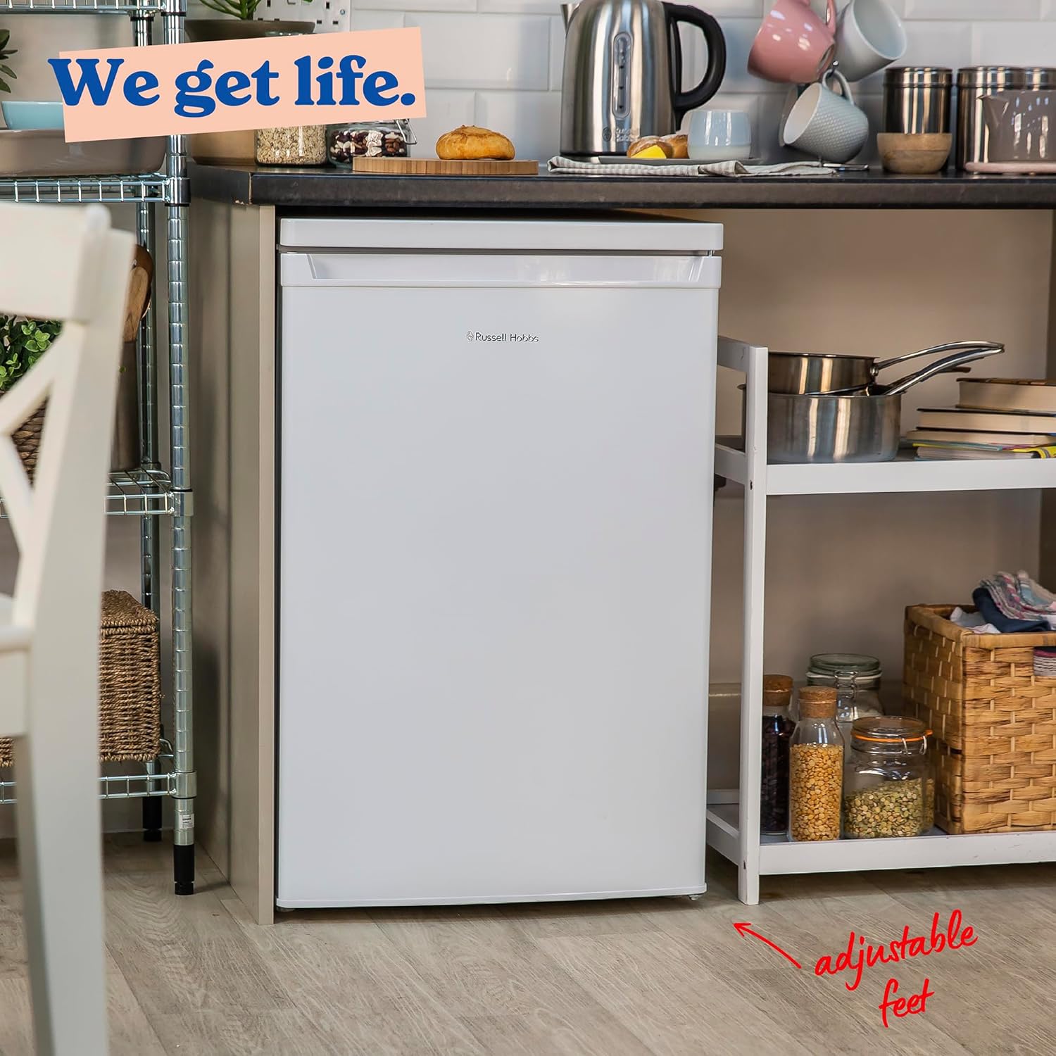 Russell Hobbs Under Counter Larder Fridge 127 Litre with Adjustable Thermostat & Feet, 3 Removable Shelves, Internal LED Light, Reversible Door, White, 2 Year Guarantee RH85UCLF552E1W   Import  Single ASIN  Import  Multiple ASIN ×Product customiz - Amazing Gadgets Outlet