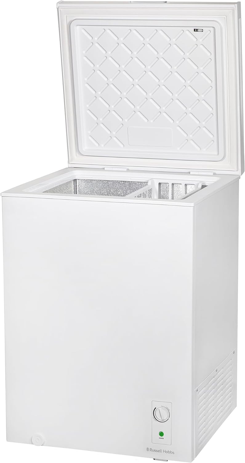 Russell Hobbs White Chest Freezer 143L Freestanding with 5 Year Warranty, Adjustable Thermostat, Chill or Freeze Function, 4 Star Freezer Rating & Suitable for Outbuildings & Garages RH142CF0E1W - Amazing Gadgets Outlet