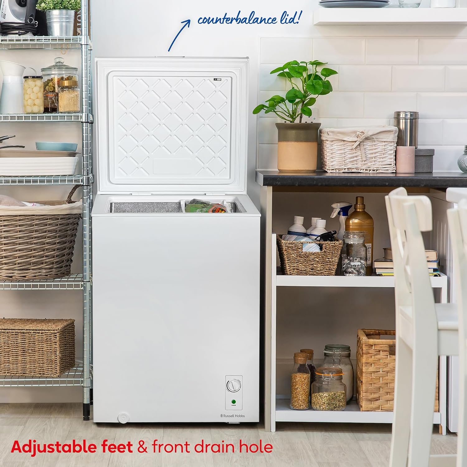 Russell Hobbs White Chest Freezer 143L Freestanding with 5 Year Warranty, Adjustable Thermostat, Chill or Freeze Function, 4 Star Freezer Rating & Suitable for Outbuildings & Garages RH142CF0E1W - Amazing Gadgets Outlet