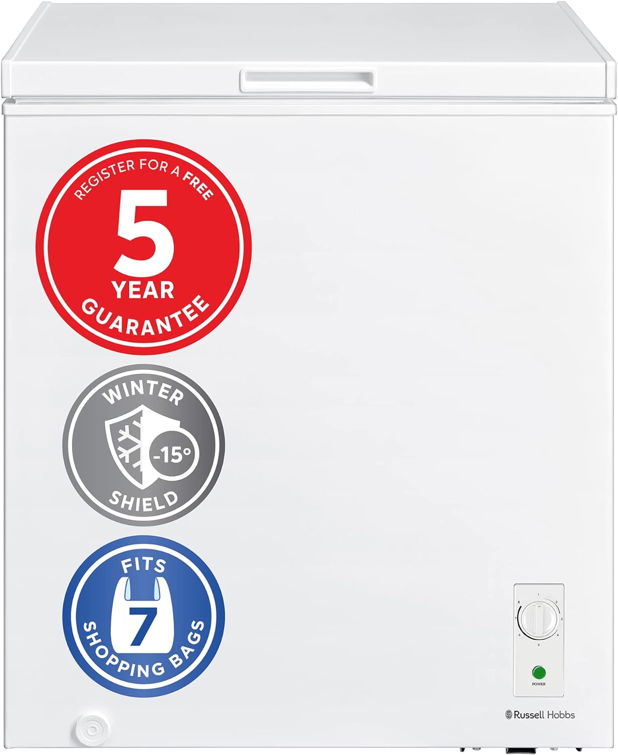 Russell Hobbs White Chest Freezer 143L Freestanding with 5 Year Warranty, Adjustable Thermostat, Chill or Freeze Function, 4 Star Freezer Rating & Suitable for Outbuildings & Garages RH142CF0E1W - Amazing Gadgets Outlet