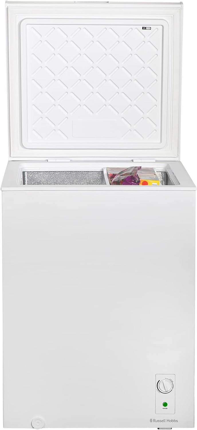 Russell Hobbs White Chest Freezer 143L Freestanding with 5 Year Warranty, Adjustable Thermostat, Chill or Freeze Function, 4 Star Freezer Rating & Suitable for Outbuildings & Garages RH142CF0E1W - Amazing Gadgets Outlet