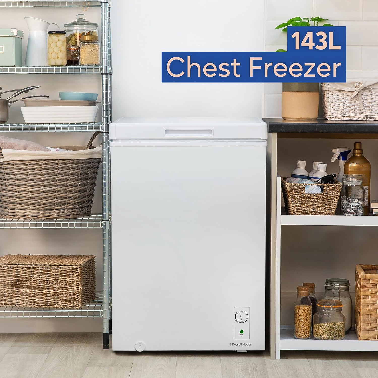 Russell Hobbs White Chest Freezer 143L Freestanding with 5 Year Warranty, Adjustable Thermostat, Chill or Freeze Function, 4 Star Freezer Rating & Suitable for Outbuildings & Garages RH142CF0E1W - Amazing Gadgets Outlet