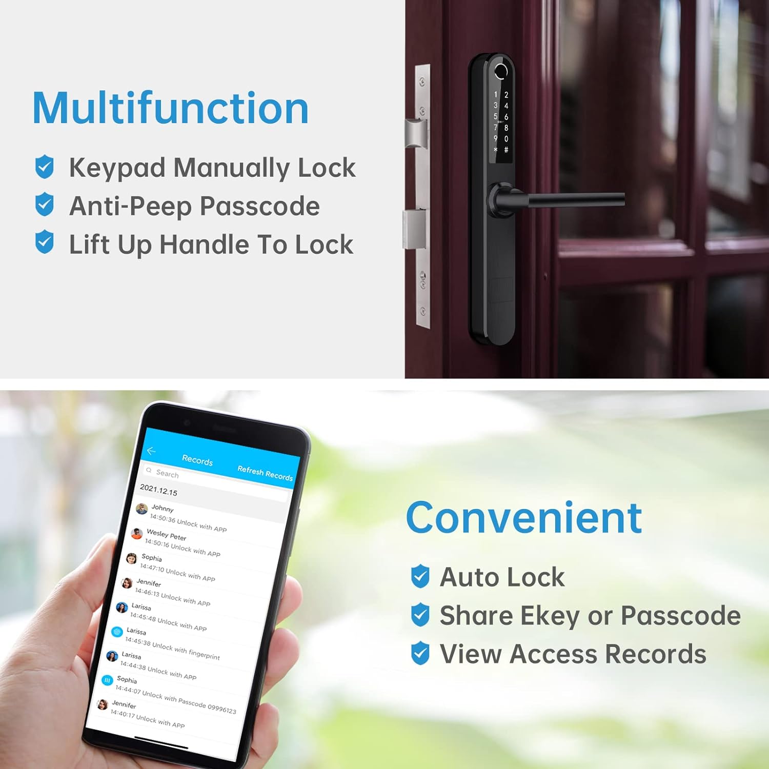 Ruveno Slim Smart Fingerprint Door Lock with Handles, Keyless Entry Door Lock, Bluetooth Fingerprint Keypad Card Keyless Unlock for Aluminum Swing Wooden Door(Black) - Amazing Gadgets Outlet