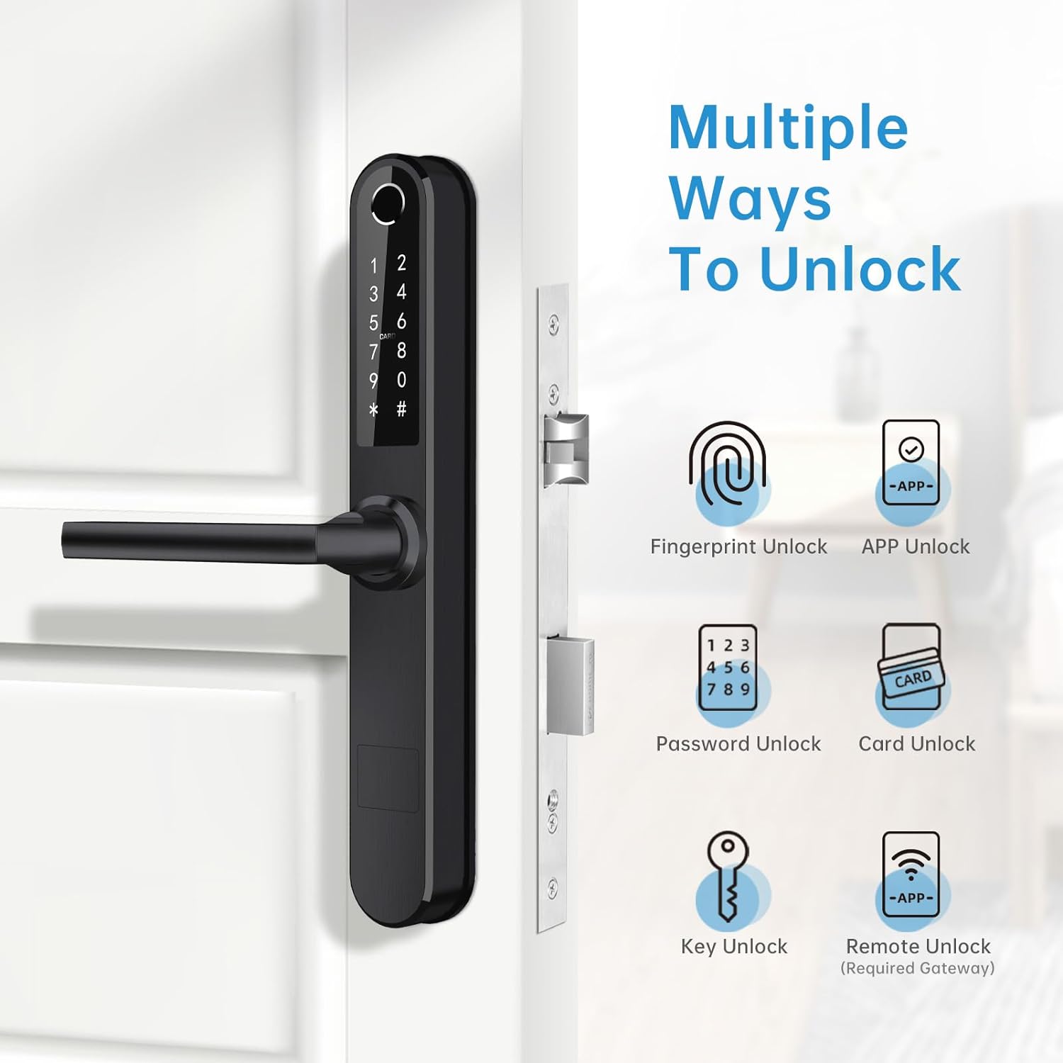 Ruveno Slim Smart Fingerprint Door Lock with Handles, Keyless Entry Door Lock, Bluetooth Fingerprint Keypad Card Keyless Unlock for Aluminum Swing Wooden Door(Black) - Amazing Gadgets Outlet