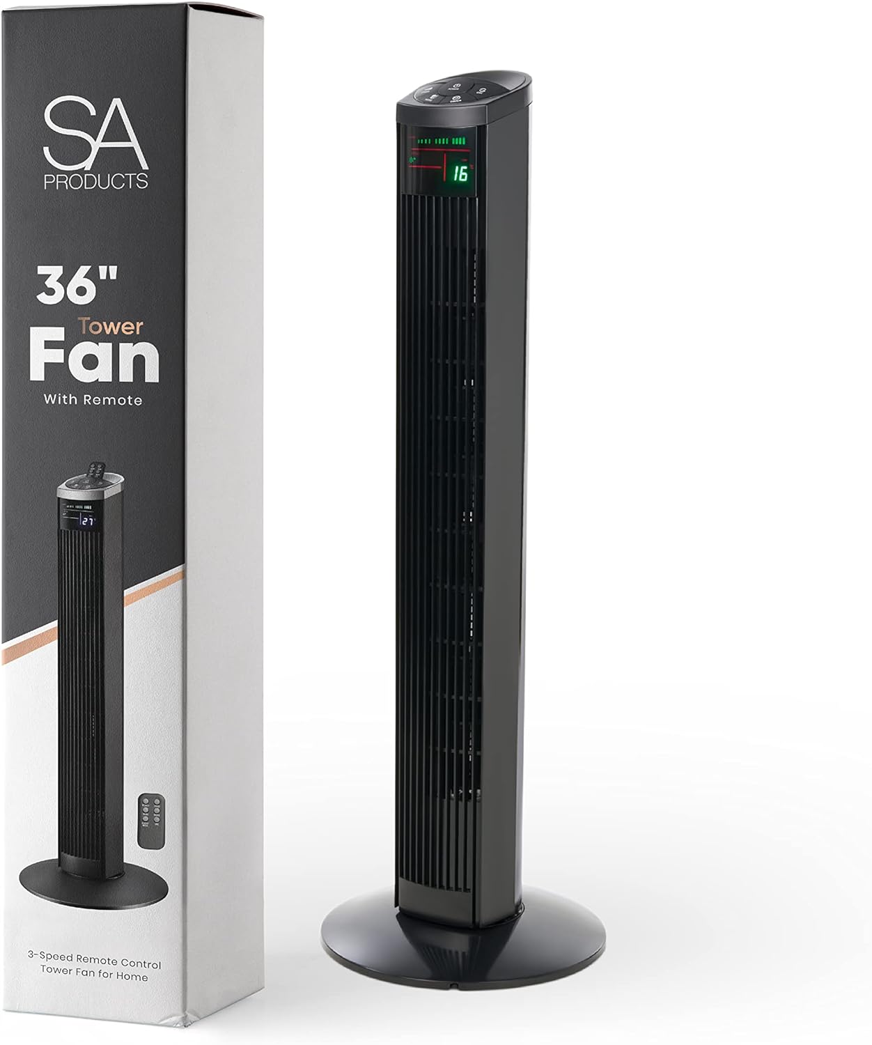 SA Products 36” Tower Fan - Oscillating Stand Fan With 3 Wind Speeds, 3 Modes, Remote Control, LED Display, Timer Function - Quiet Cooling Floor Fan For Bedroom, Nursery, Living Room, Office - Black - Amazing Gadgets Outlet