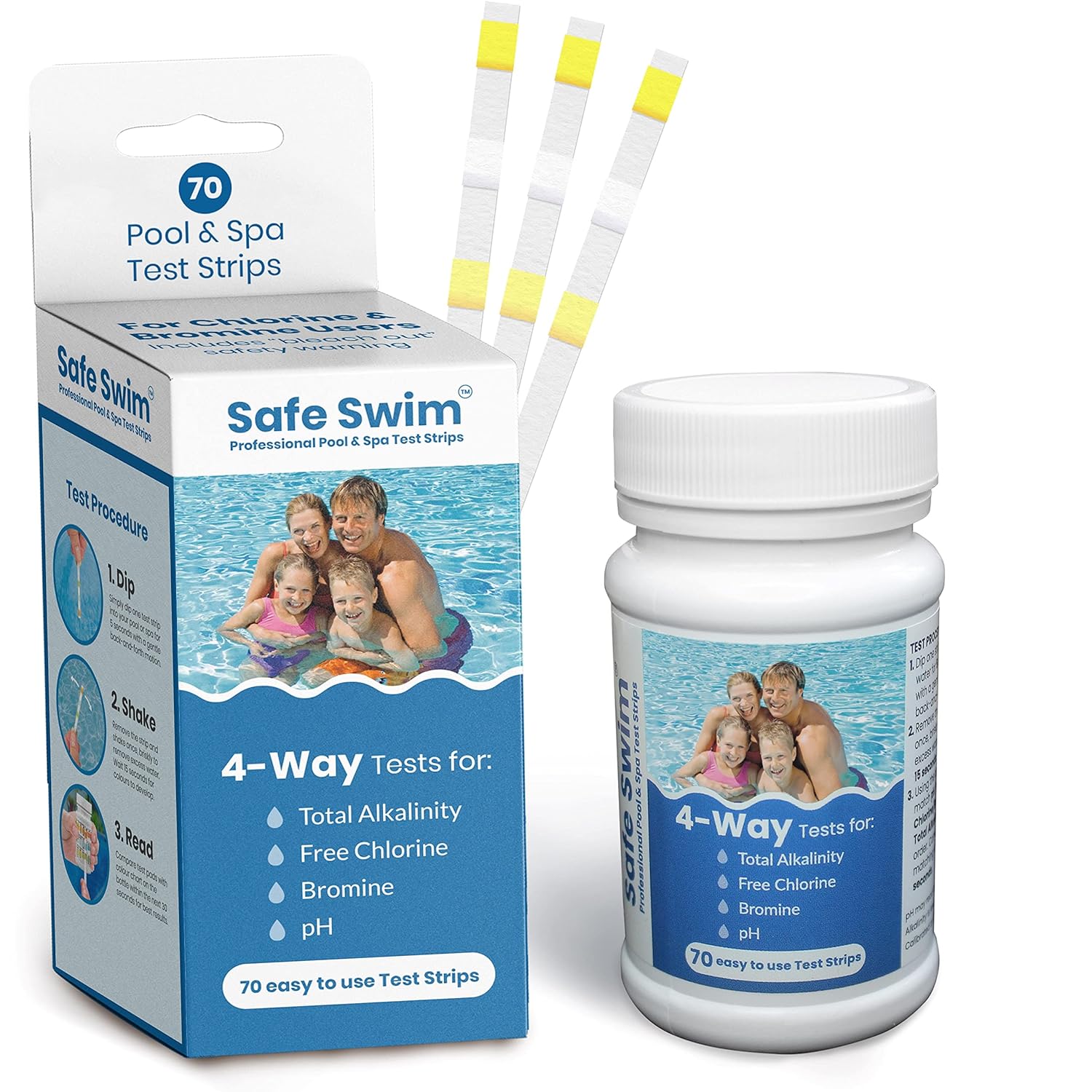 Safe Swim 4 - Way - Hot Tub, Swimming Pool and Spa Test Strips - Bottle of 70 - Measures Chlorine, Bromine, PH and Total Alkalinity - Made in the USA.   Import  Single ASIN  Import  Multiple ASIN ×Product customization General Description - Amazing Gadgets Outlet