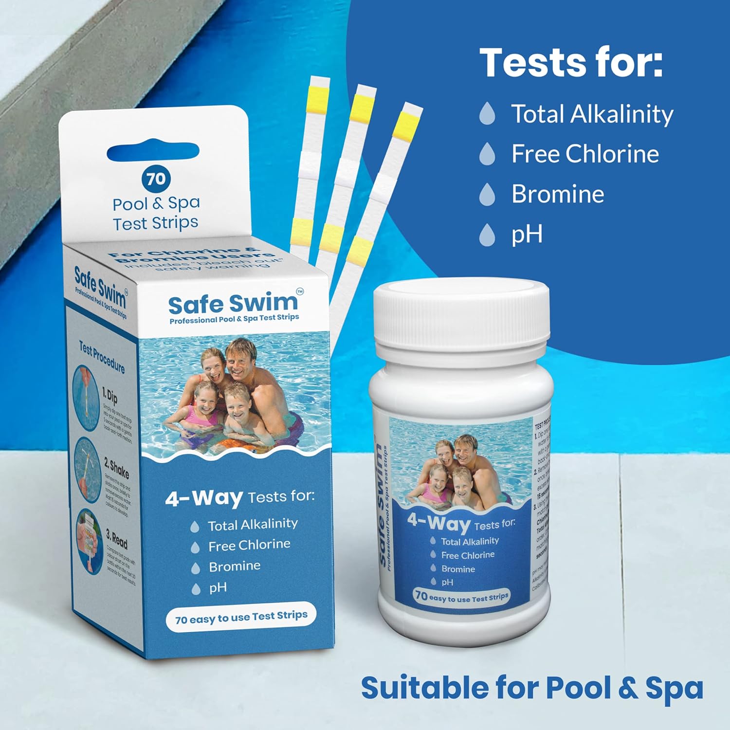 Safe Swim 4 - Way - Hot Tub, Swimming Pool and Spa Test Strips - Bottle of 70 - Measures Chlorine, Bromine, PH and Total Alkalinity - Made in the USA.   Import  Single ASIN  Import  Multiple ASIN ×Product customization General Description - Amazing Gadgets Outlet