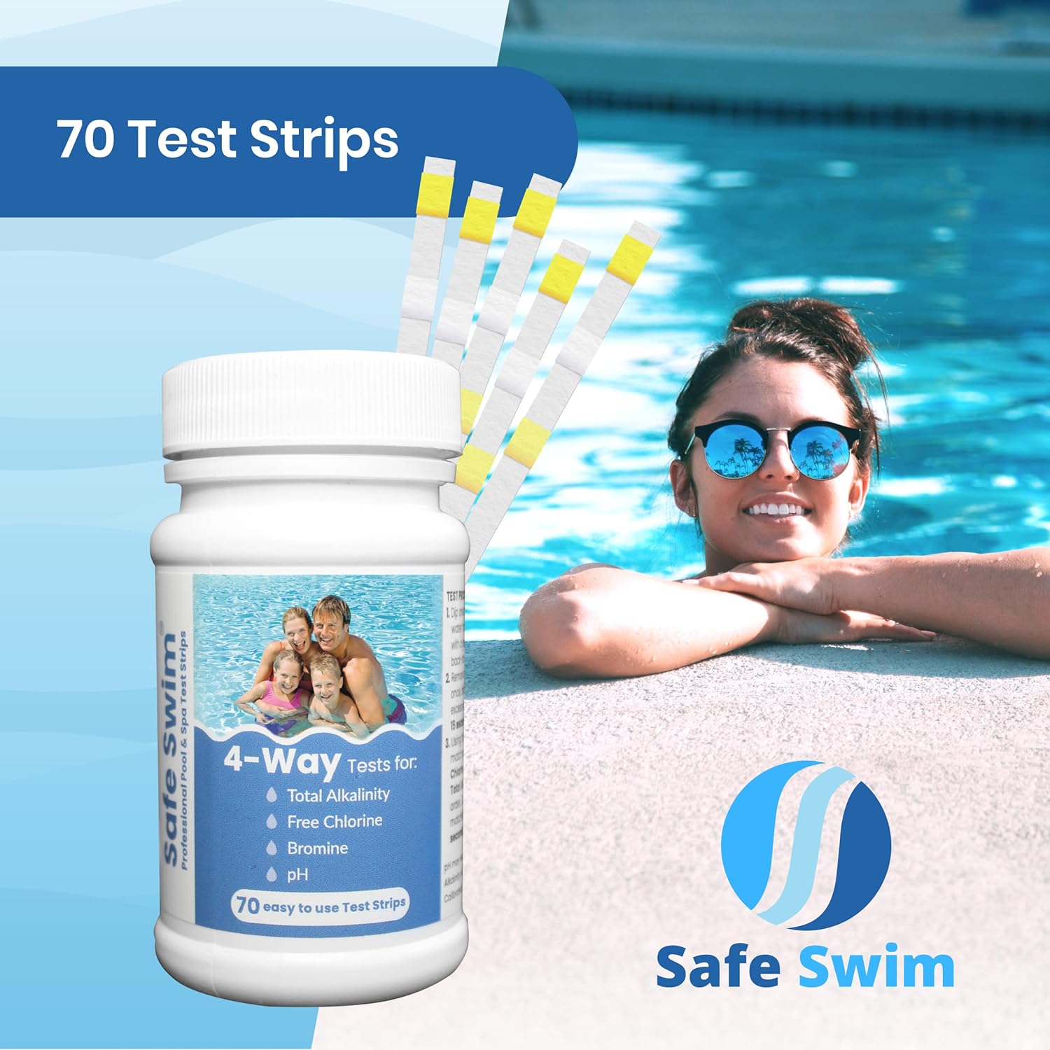 Safe Swim 4 - Way - Hot Tub, Swimming Pool and Spa Test Strips - Bottle of 70 - Measures Chlorine, Bromine, PH and Total Alkalinity - Made in the USA.   Import  Single ASIN  Import  Multiple ASIN ×Product customization General Description - Amazing Gadgets Outlet