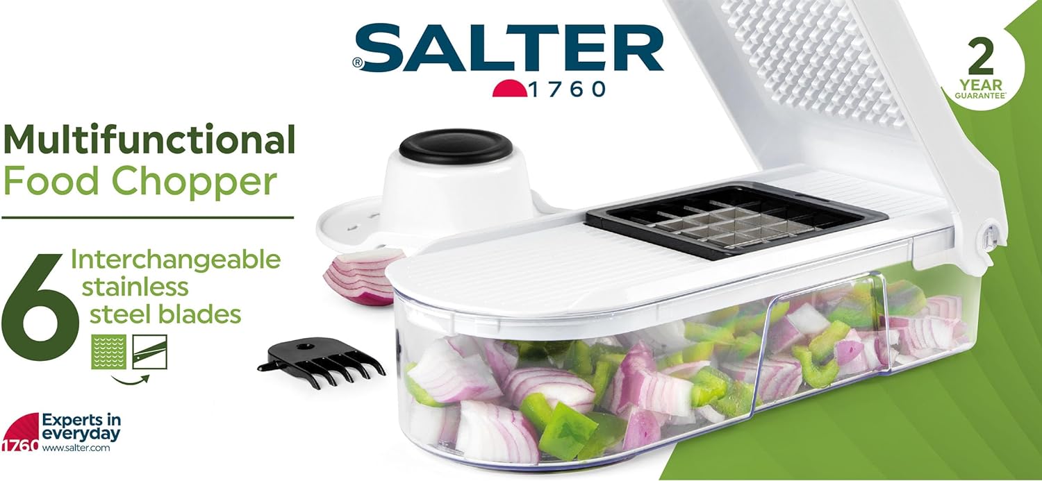 Salter BW12926EU7 Multifunctional Food Chopper – Vegetable Chopper, 6 Interchangeable Blades, Compact Mandoline Slicer, Onion Chopper/Dicer, Finger Guard for Added Safety, Food Preparation Utensil - Amazing Gadgets Outlet