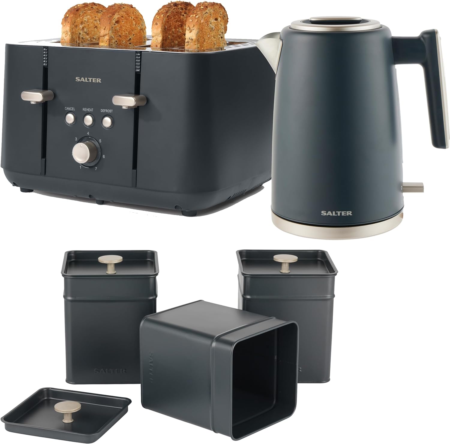 Salter COMBO - 8687 Kettle Toaster Microwave Set – Matching Kitchen Countertop Breakfast Set, Rapid Boil 1.7L 3kW Kettle, 4 - Slice Anti - Jamming Toaster, 20L 800W Manual Dial Microwave, Marino, Blue Grey - Amazing Gadgets Outlet