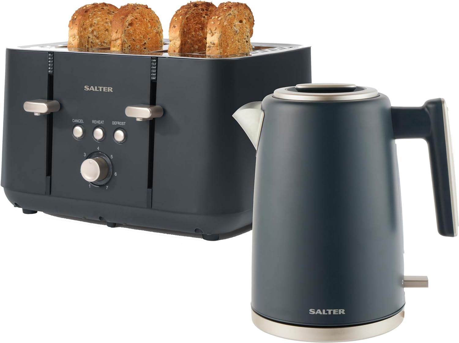 Salter COMBO - 8687 Kettle Toaster Microwave Set – Matching Kitchen Countertop Breakfast Set, Rapid Boil 1.7L 3kW Kettle, 4 - Slice Anti - Jamming Toaster, 20L 800W Manual Dial Microwave, Marino, Blue Grey - Amazing Gadgets Outlet