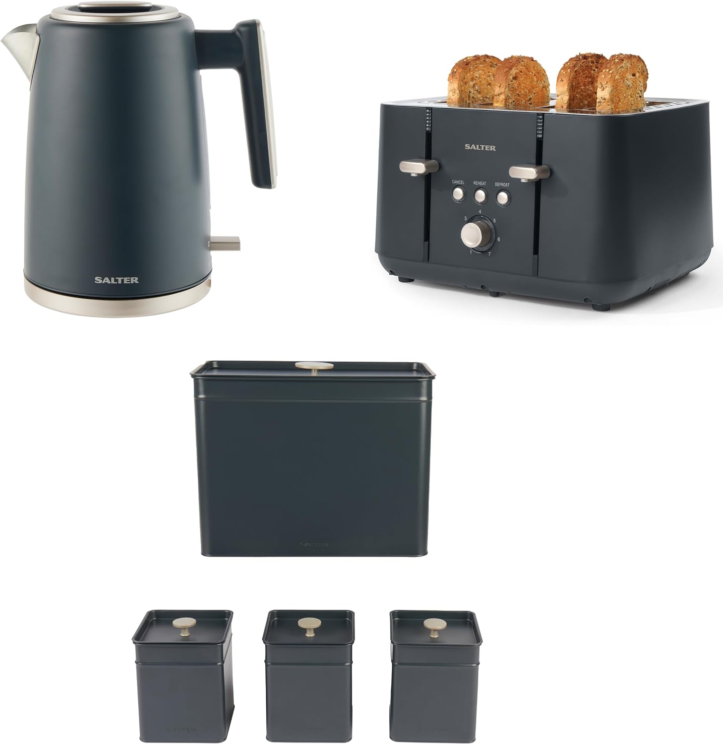 Salter COMBO - 8687 Kettle Toaster Microwave Set – Matching Kitchen Countertop Breakfast Set, Rapid Boil 1.7L 3kW Kettle, 4 - Slice Anti - Jamming Toaster, 20L 800W Manual Dial Microwave, Marino, Blue Grey - Amazing Gadgets Outlet