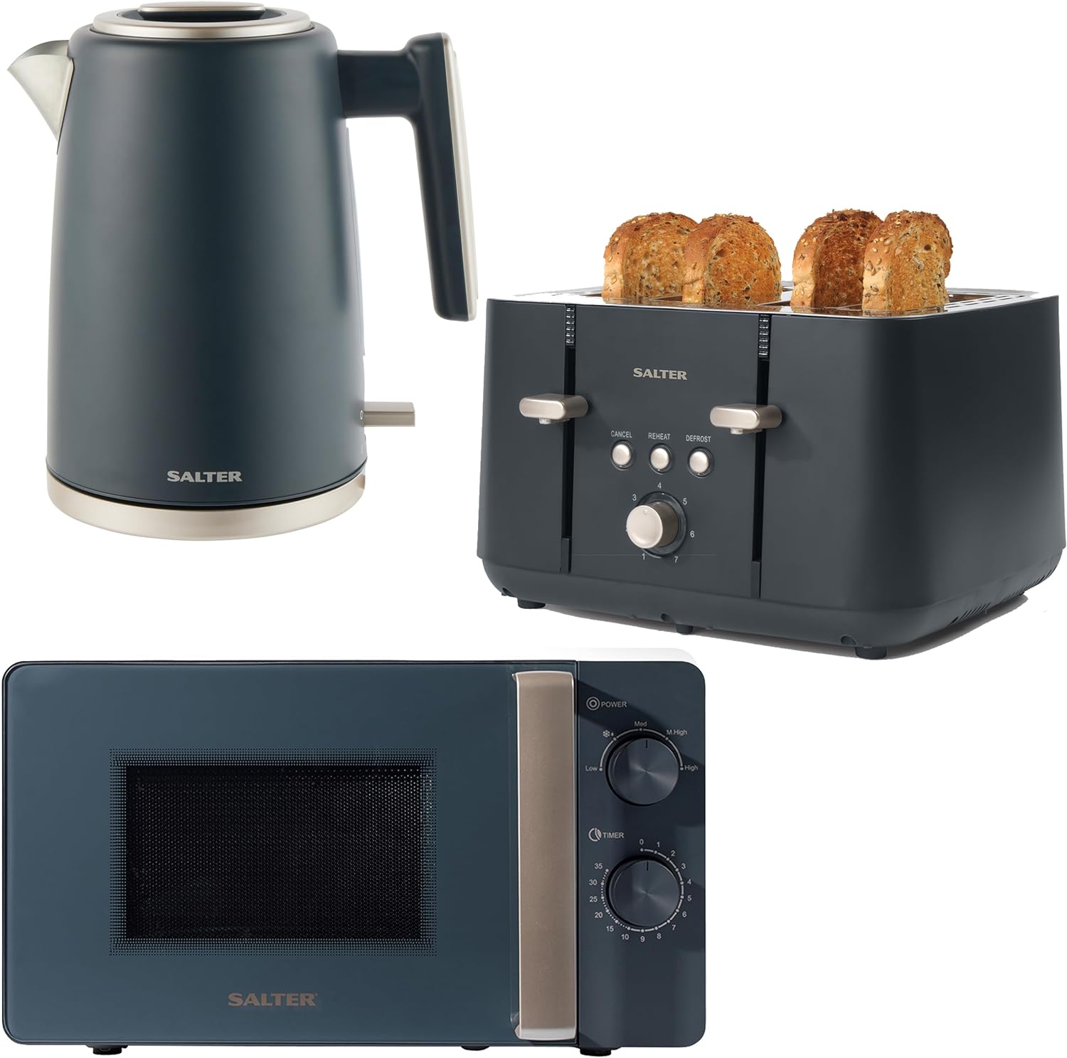 Salter COMBO - 8687 Kettle Toaster Microwave Set – Matching Kitchen Countertop Breakfast Set, Rapid Boil 1.7L 3kW Kettle, 4 - Slice Anti - Jamming Toaster, 20L 800W Manual Dial Microwave, Marino, Blue Grey - Amazing Gadgets Outlet