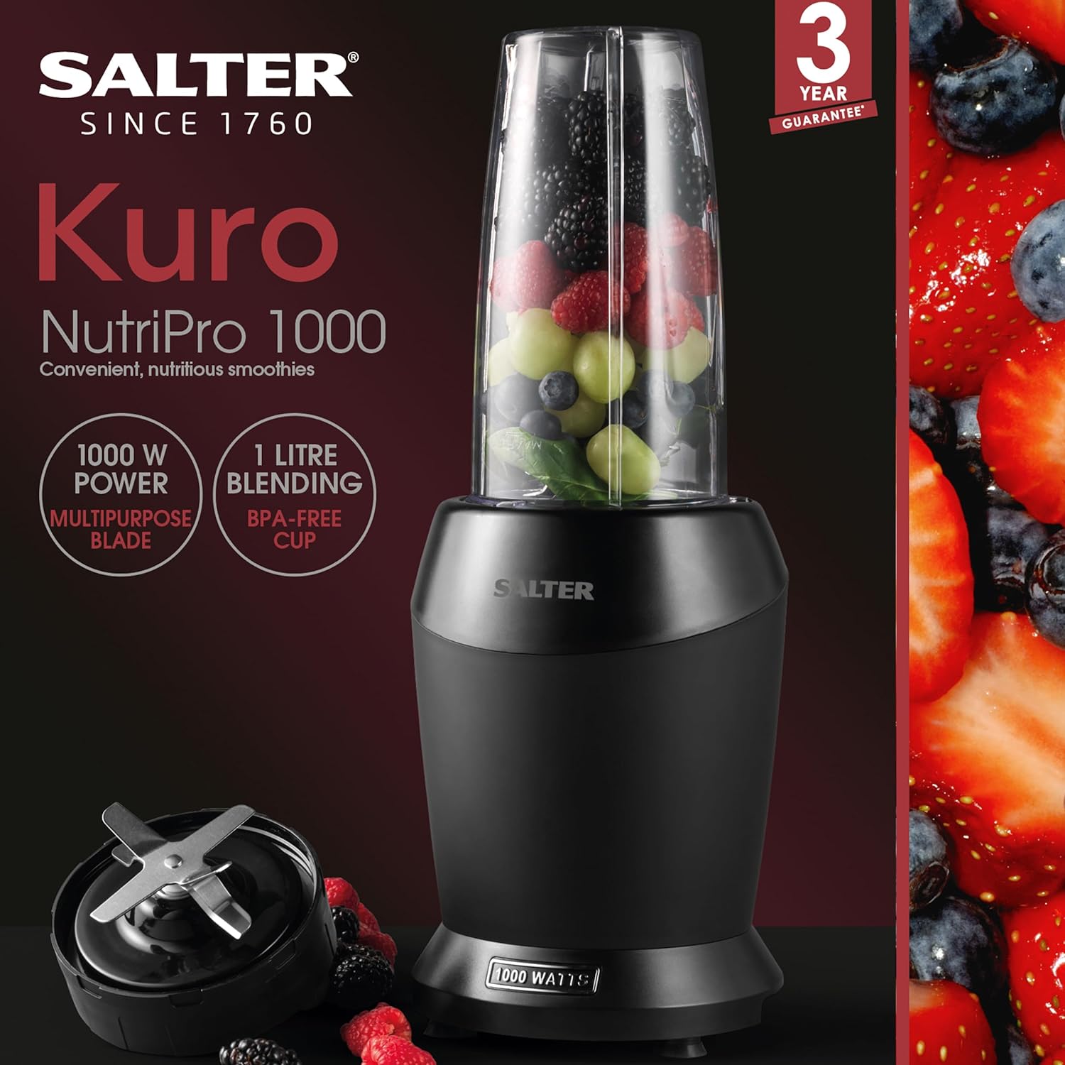 Salter COMBO - 8896 Kuro Baking Set – With Stand Mixer, NutriPro 1000 Smoothie Maker Blender, Waterproof Digital Kitchen Food Scale 5KG, Electric Whisk With 6 Speed Settings & Dough Hook, Black - Amazing Gadgets Outlet
