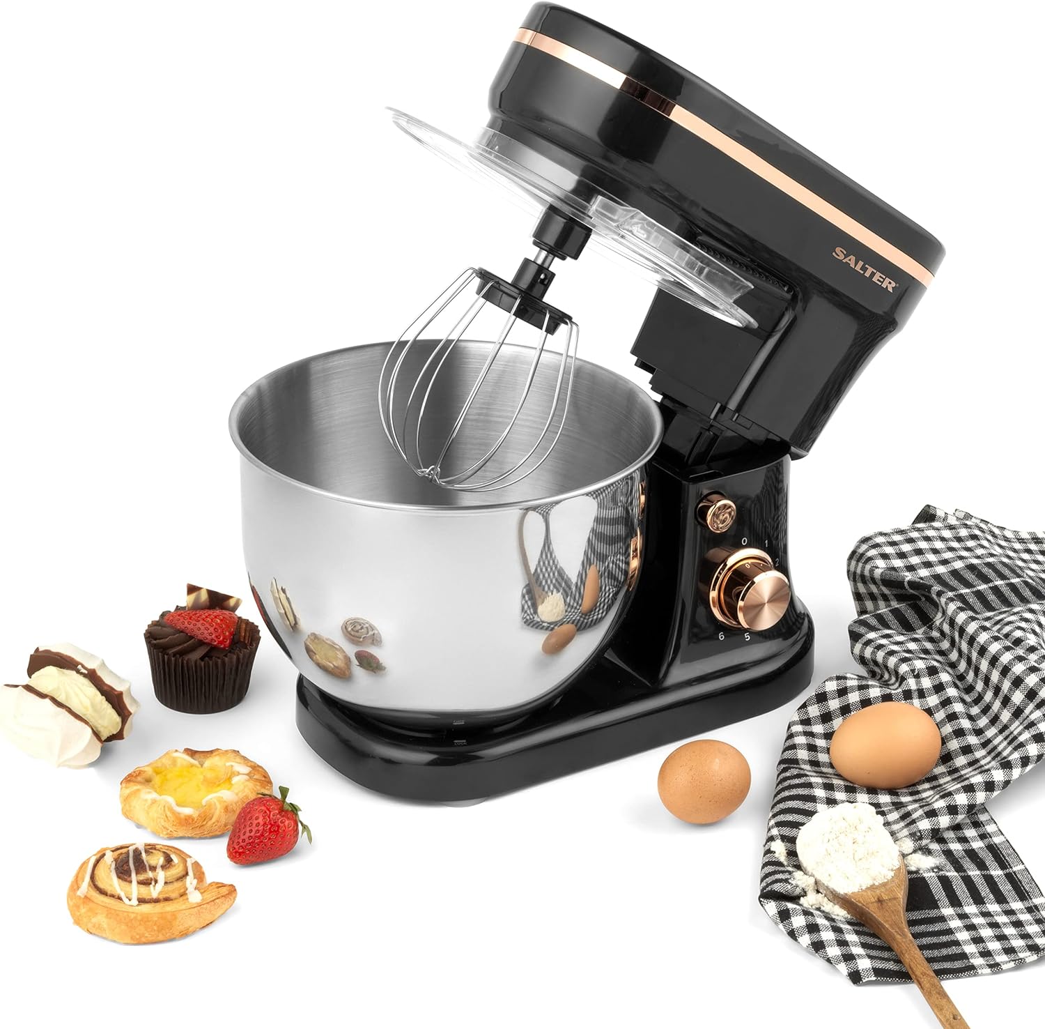 Salter COMBO - 8906 Bakes Stand Mixer & Baking Set – With Cake Tins, 8Pc Measuring Cups & Spoons, Electric Baking Whisk, 10 Speeds with Pulse Setting, 4 Litre Mixing Bowl, Non - Stick, 1300 W, Black/Gold - Amazing Gadgets Outlet