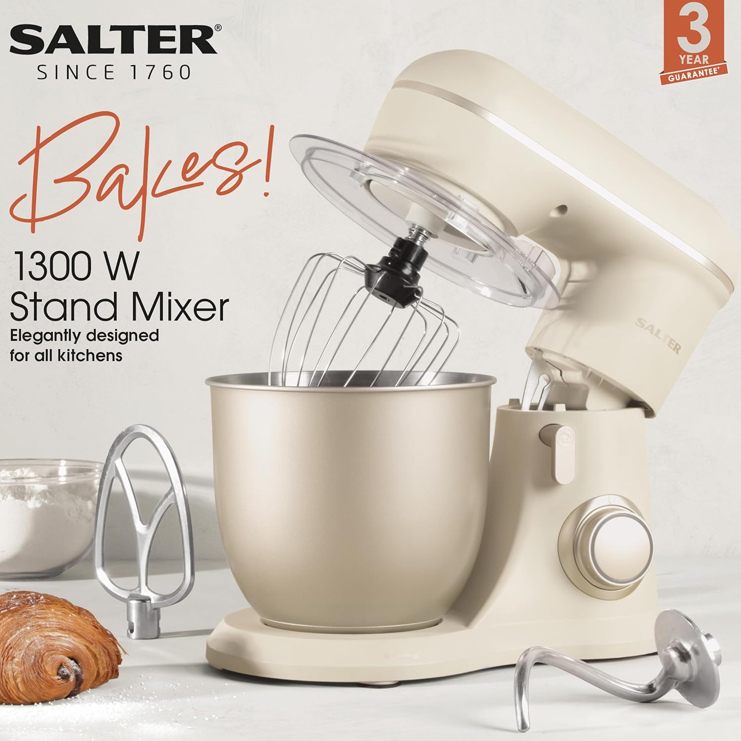 Salter COMBO - 8906 Bakes Stand Mixer & Baking Set – With Cake Tins, 8Pc Measuring Cups & Spoons, Electric Baking Whisk, 10 Speeds with Pulse Setting, 4 Litre Mixing Bowl, Non - Stick, 1300 W, Black/Gold - Amazing Gadgets Outlet