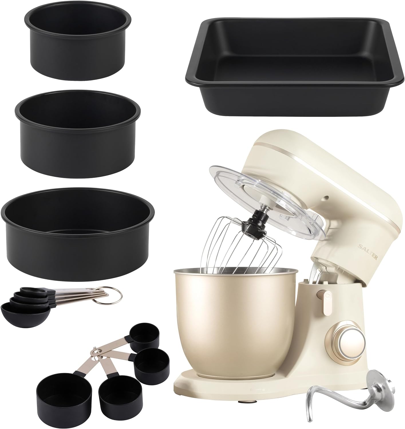 Salter COMBO - 8906 Bakes Stand Mixer & Baking Set – With Cake Tins, 8Pc Measuring Cups & Spoons, Electric Baking Whisk, 10 Speeds with Pulse Setting, 4 Litre Mixing Bowl, Non - Stick, 1300 W, Black/Gold - Amazing Gadgets Outlet