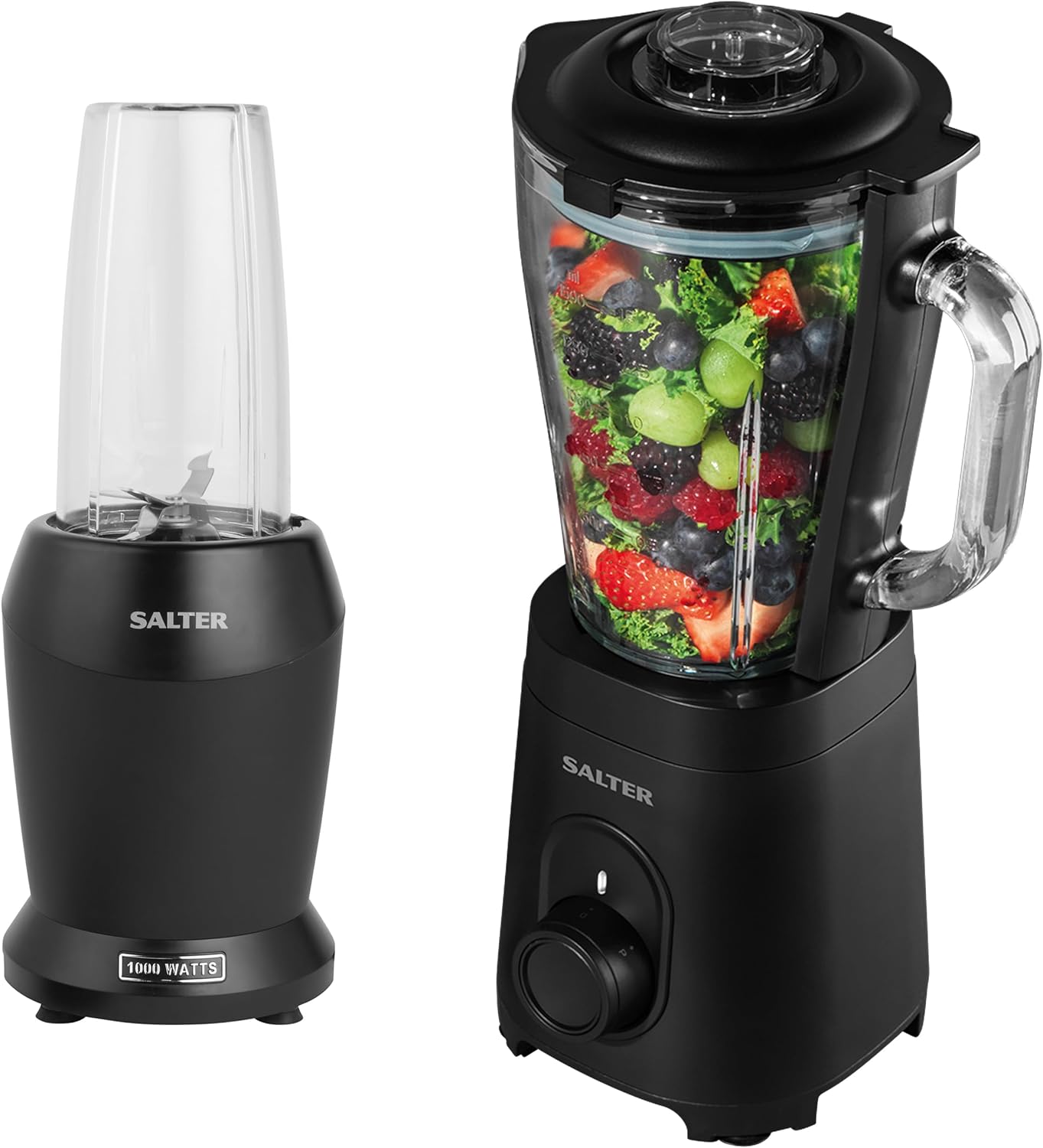 Salter EK2002V4SILVER NutriPro 1000 Blender – Portable Smoothie Maker, Healthy Juicer, Nutrient Extractor, 2 Travel Blending Cups (800ml/1L), Ideal for Soups/Baby Food, Stainless Steel Blade, 1000W - Amazing Gadgets Outlet