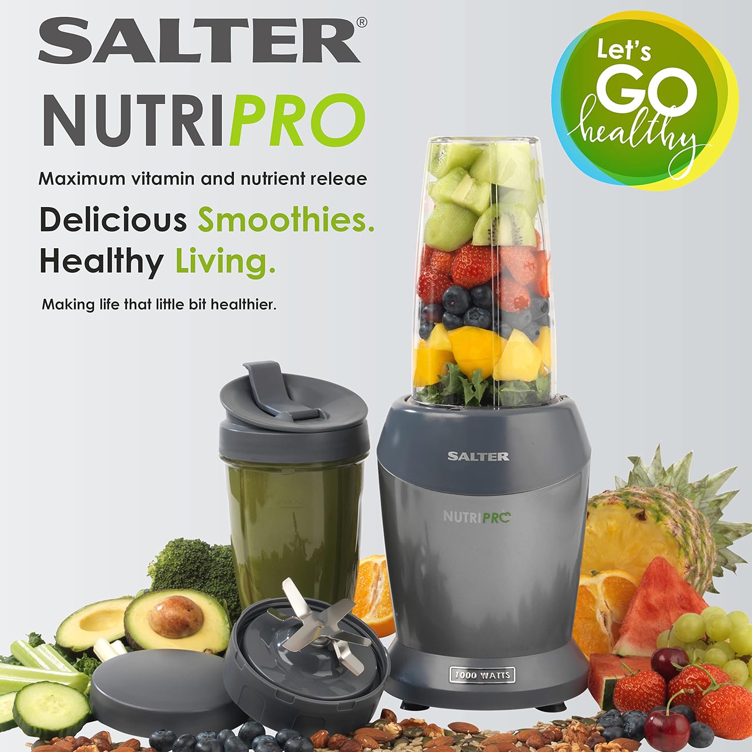 Salter EK2002V4SILVER NutriPro 1000 Blender – Portable Smoothie Maker, Healthy Juicer, Nutrient Extractor, 2 Travel Blending Cups (800ml/1L), Ideal for Soups/Baby Food, Stainless Steel Blade, 1000W - Amazing Gadgets Outlet