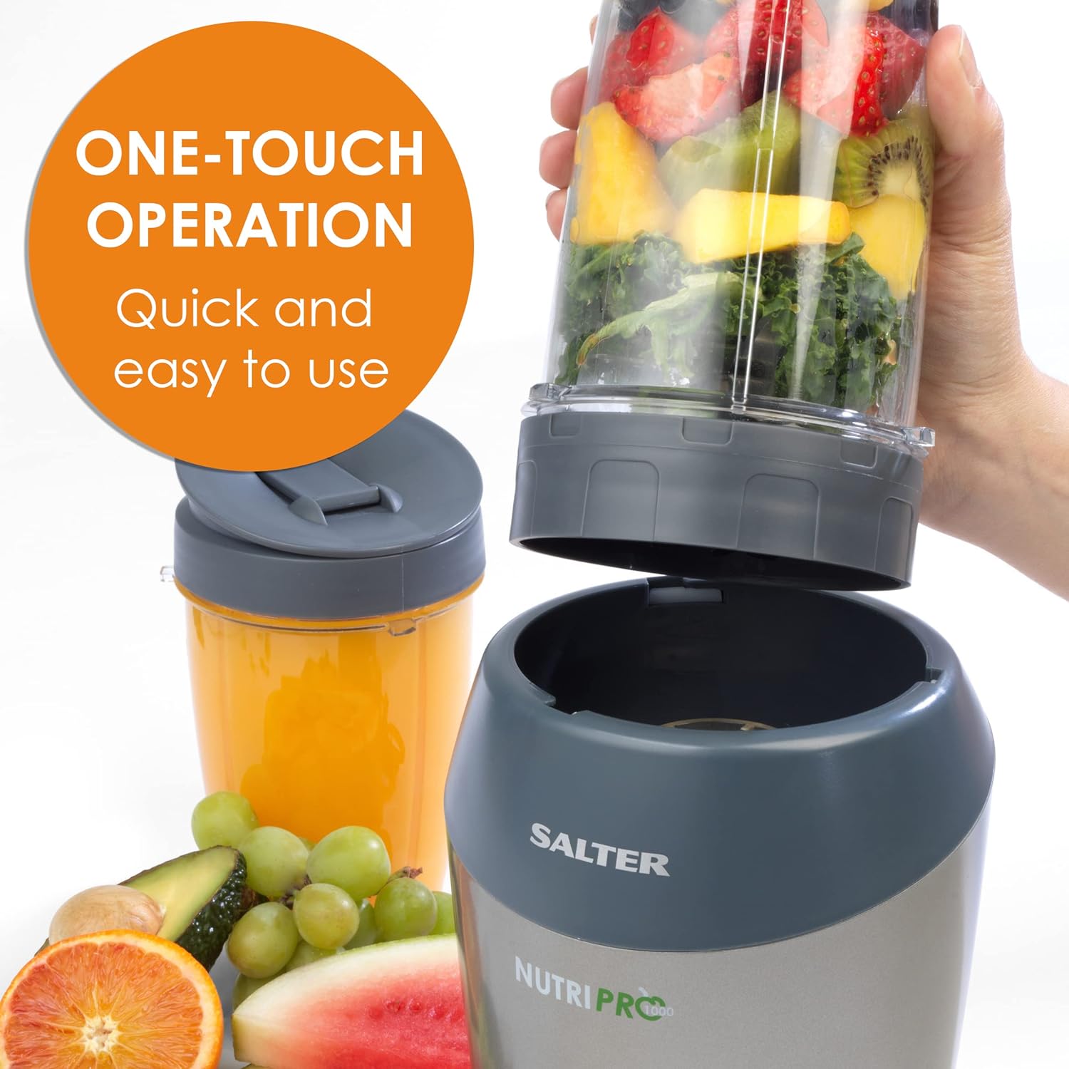 Salter EK2002V4SILVER NutriPro 1000 Blender – Portable Smoothie Maker, Healthy Juicer, Nutrient Extractor, 2 Travel Blending Cups (800ml/1L), Ideal for Soups/Baby Food, Stainless Steel Blade, 1000W - Amazing Gadgets Outlet