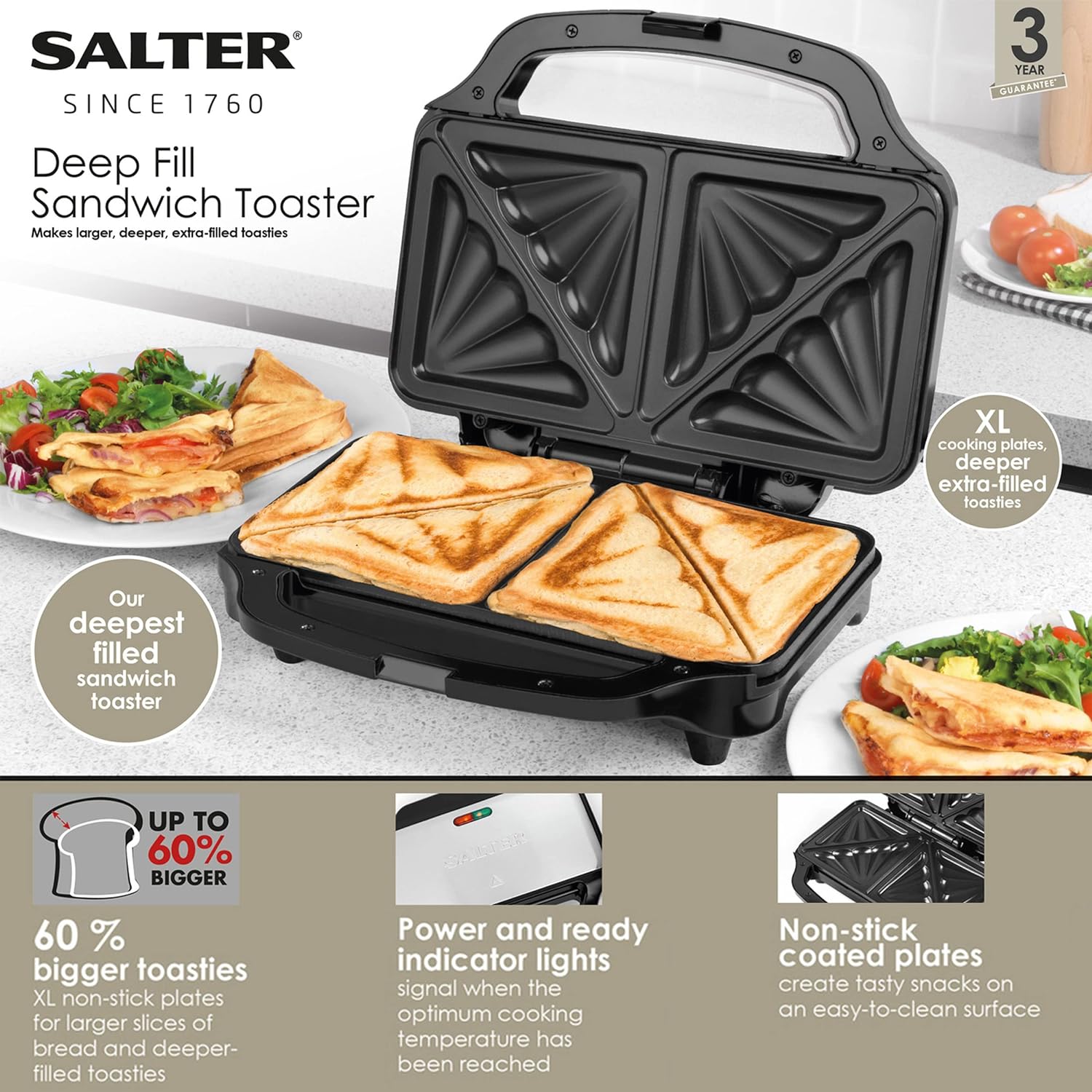 Salter EK2017T Deep Fill Toastie Maker – XL Toaster Press With Non - Stick Hot Plates, For 2 Toasted Sandwiches, 4 Slice, Easy Clean, Cool Touch Handles, Automatic Temperature Control, 900 W - Amazing Gadgets Outlet