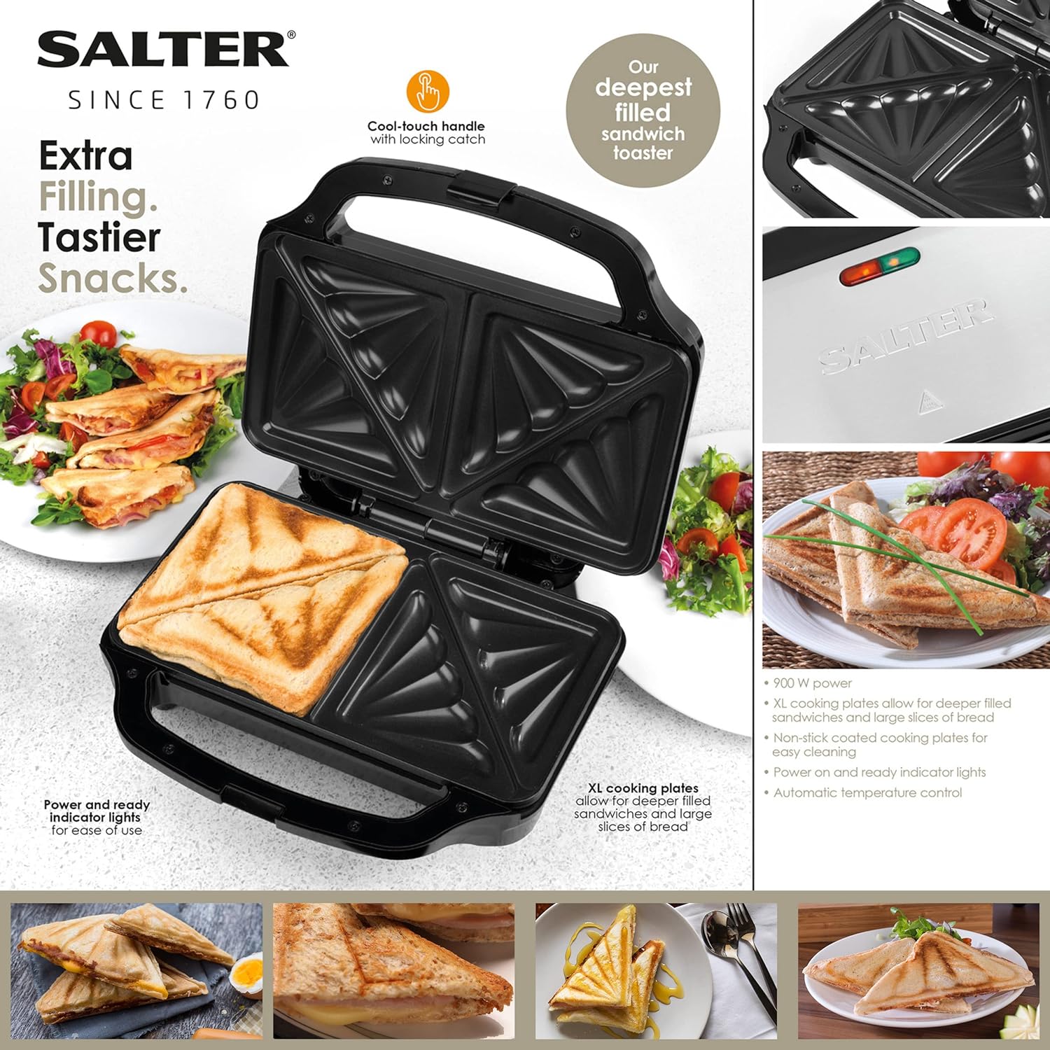 Salter EK2017T Deep Fill Toastie Maker – XL Toaster Press With Non - Stick Hot Plates, For 2 Toasted Sandwiches, 4 Slice, Easy Clean, Cool Touch Handles, Automatic Temperature Control, 900 W - Amazing Gadgets Outlet