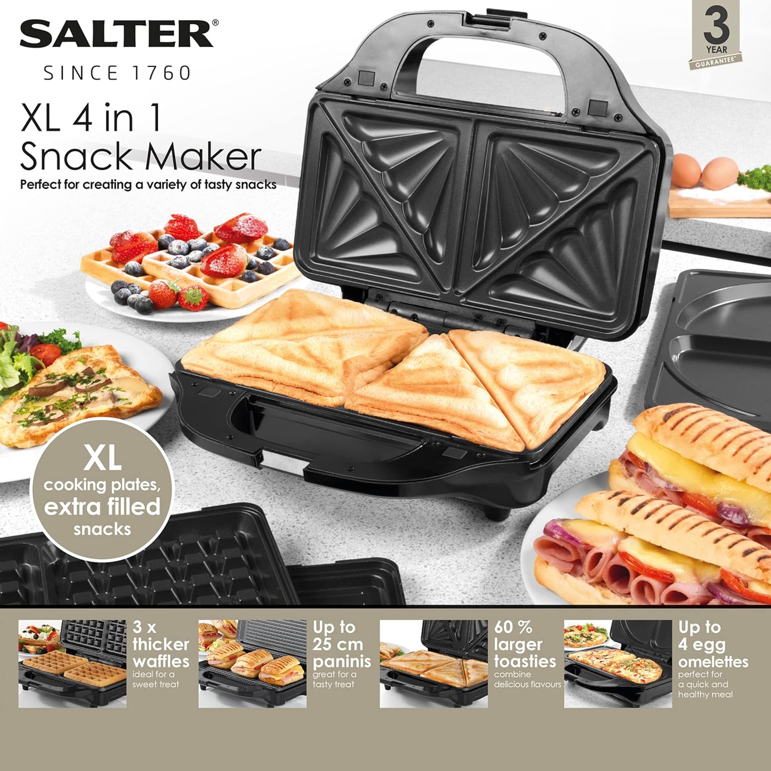 Salter EK2143FOUR XL 4 - in - 1 Snack Maker - Removable Non - Stick Cooking Plates, Panini Press, Electric Grill, Omelette/Waffle Iron, Toastie Maker, Sandwich Toaster, Deep Fill, Indicator Lights, 900 W - Amazing Gadgets Outlet