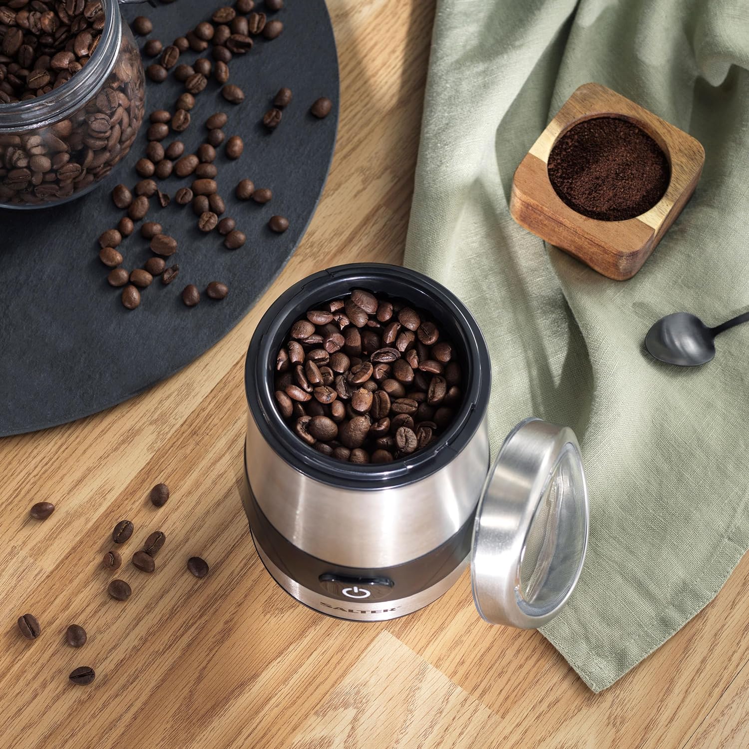 Salter EK2311 Electric Coffee & Spice Grinder – Stainless Steel Blade, 60g Coffee Bean/Dry Herb Mill, One - Touch Operation, Fast Grinding Machine For Nuts, Seeds, Transparent Lid, Multipurpose, 200W - Amazing Gadgets Outlet