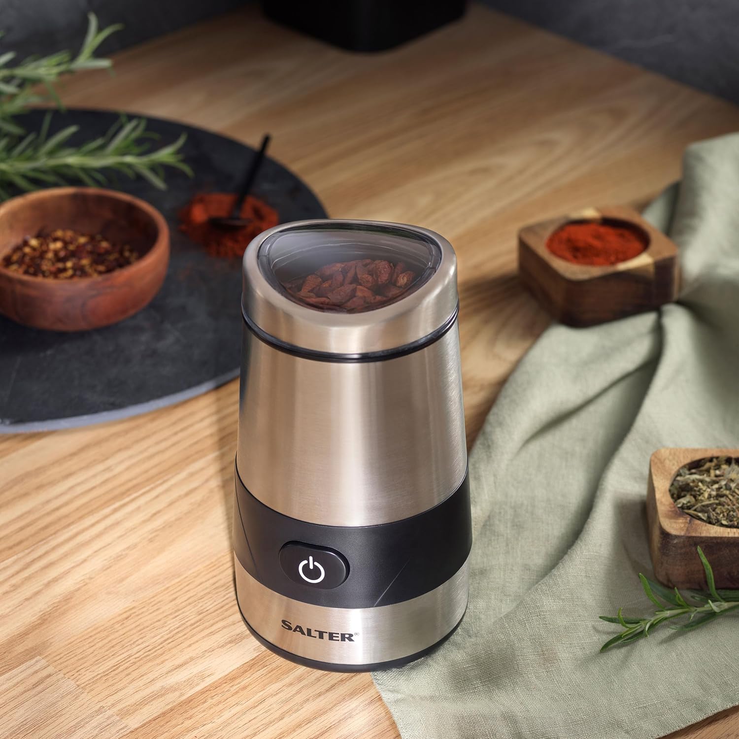 Salter EK2311 Electric Coffee & Spice Grinder – Stainless Steel Blade, 60g Coffee Bean/Dry Herb Mill, One - Touch Operation, Fast Grinding Machine For Nuts, Seeds, Transparent Lid, Multipurpose, 200W - Amazing Gadgets Outlet