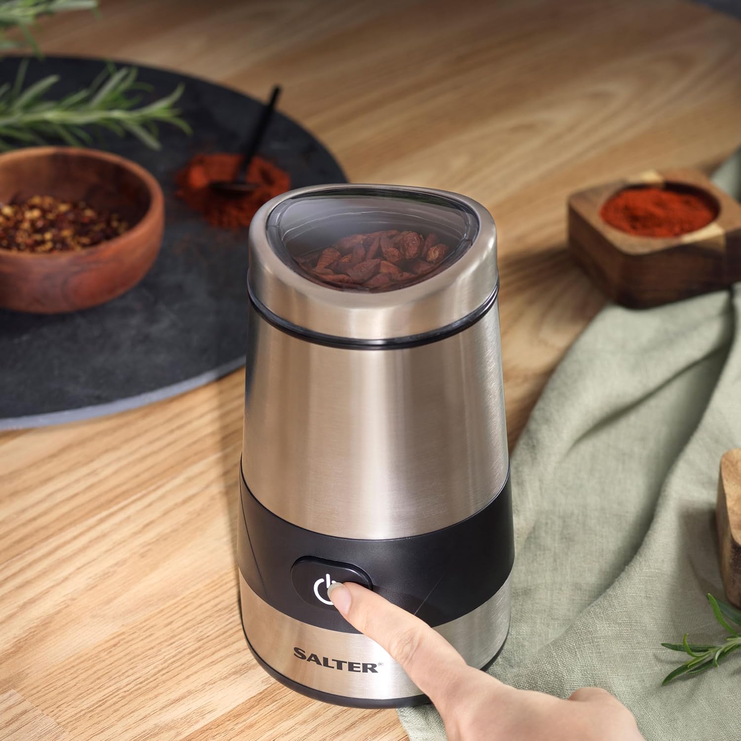 Salter EK2311 Electric Coffee & Spice Grinder – Stainless Steel Blade, 60g Coffee Bean/Dry Herb Mill, One - Touch Operation, Fast Grinding Machine For Nuts, Seeds, Transparent Lid, Multipurpose, 200W - Amazing Gadgets Outlet