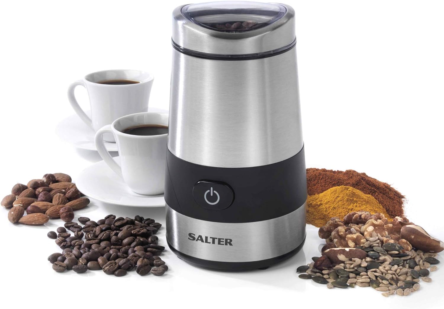 Salter EK2311 Electric Coffee & Spice Grinder – Stainless Steel Blade, 60g Coffee Bean/Dry Herb Mill, One - Touch Operation, Fast Grinding Machine For Nuts, Seeds, Transparent Lid, Multipurpose, 200W - Amazing Gadgets Outlet