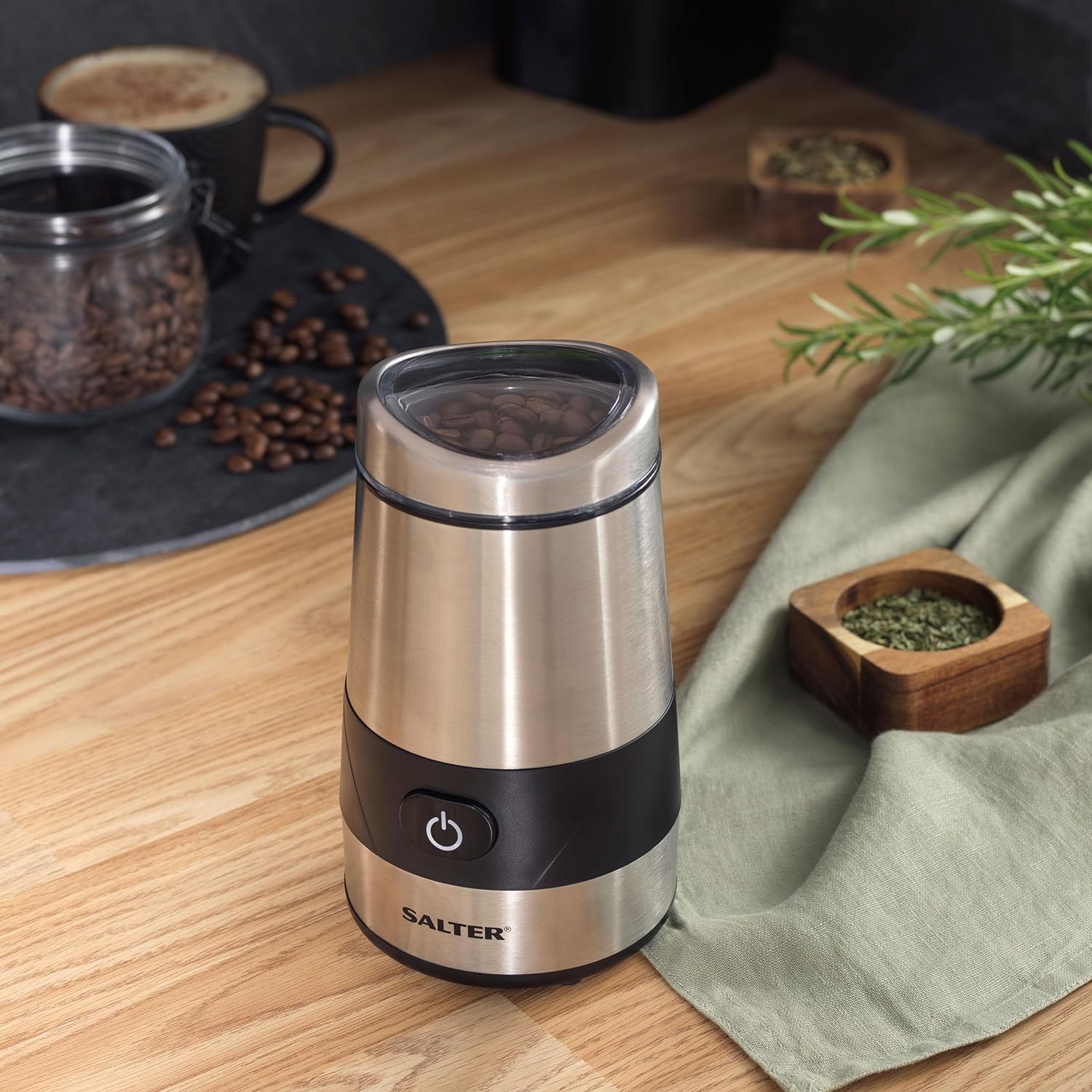 Salter EK2311 Electric Coffee & Spice Grinder – Stainless Steel Blade, 60g Coffee Bean/Dry Herb Mill, One - Touch Operation, Fast Grinding Machine For Nuts, Seeds, Transparent Lid, Multipurpose, 200W - Amazing Gadgets Outlet