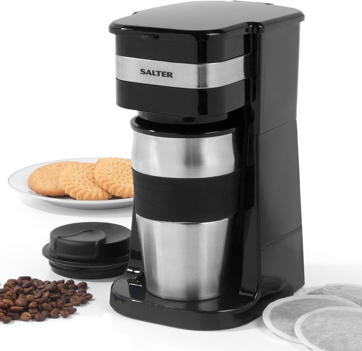 Salter EK2408 One Cup Coffee Maker – Personal Filter Coffee Machine, Washable & Reusable Filter, Includes 420ml Stainless Steel Travel Cup, Brew Single Serve Coffee In 3 - 4 Mins, Use Ground/Coffee Pads - Amazing Gadgets Outlet