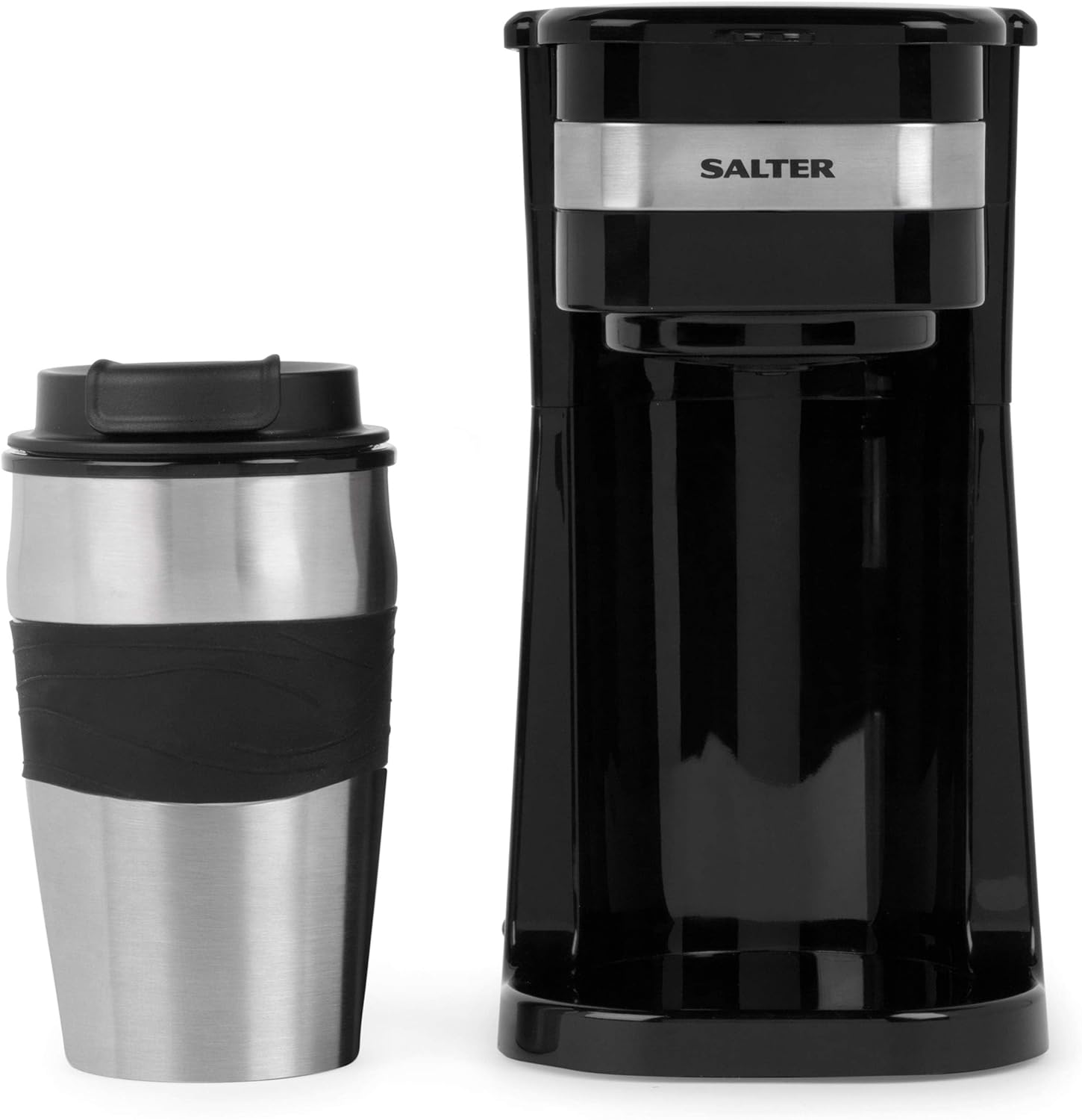 Salter EK2408 One Cup Coffee Maker – Personal Filter Coffee Machine, Washable & Reusable Filter, Includes 420ml Stainless Steel Travel Cup, Brew Single Serve Coffee In 3 - 4 Mins, Use Ground/Coffee Pads - Amazing Gadgets Outlet