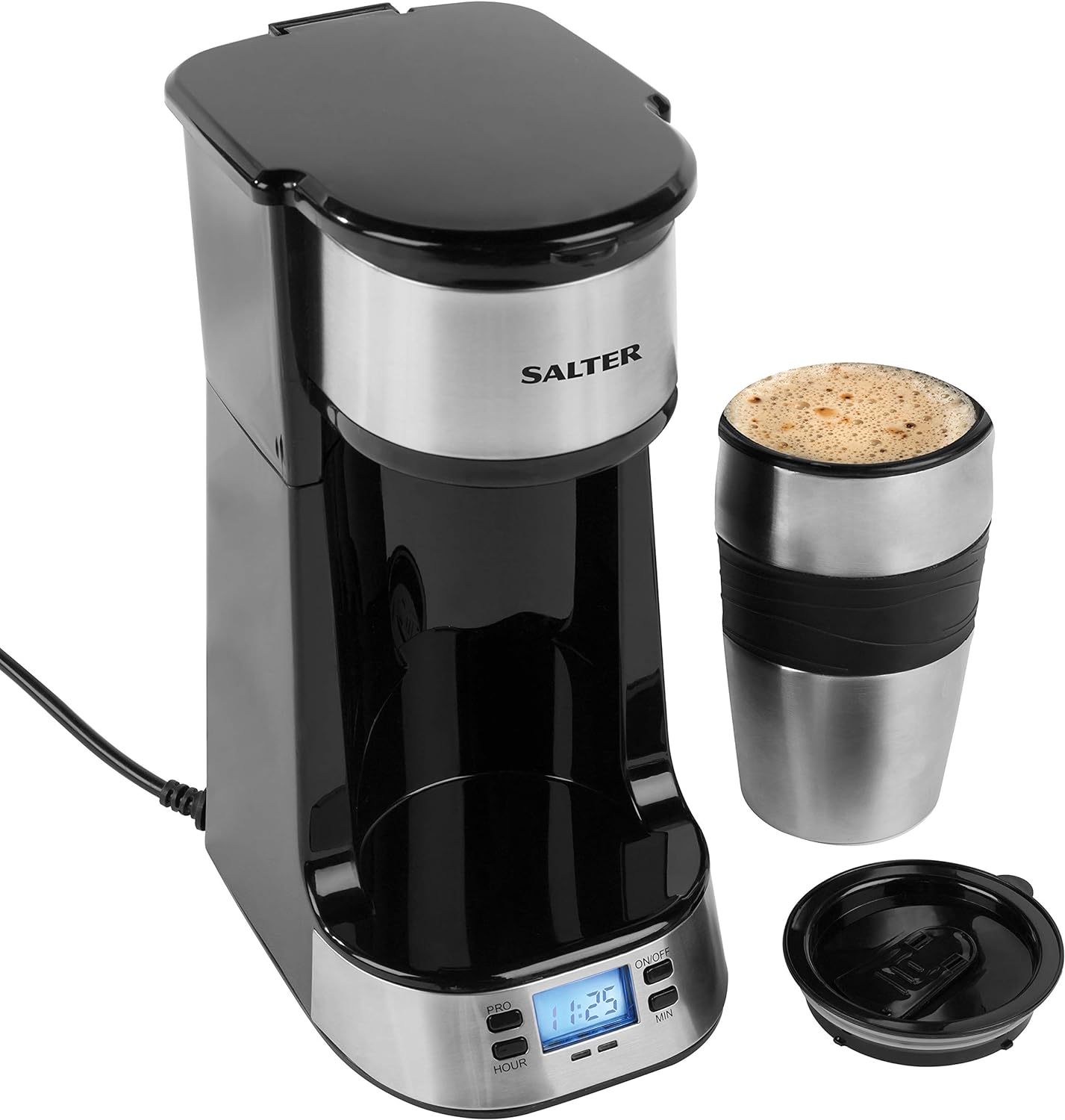 Salter EK2408 One Cup Coffee Maker – Personal Filter Coffee Machine, Washable & Reusable Filter, Includes 420ml Stainless Steel Travel Cup, Brew Single Serve Coffee In 3 - 4 Mins, Use Ground/Coffee Pads - Amazing Gadgets Outlet