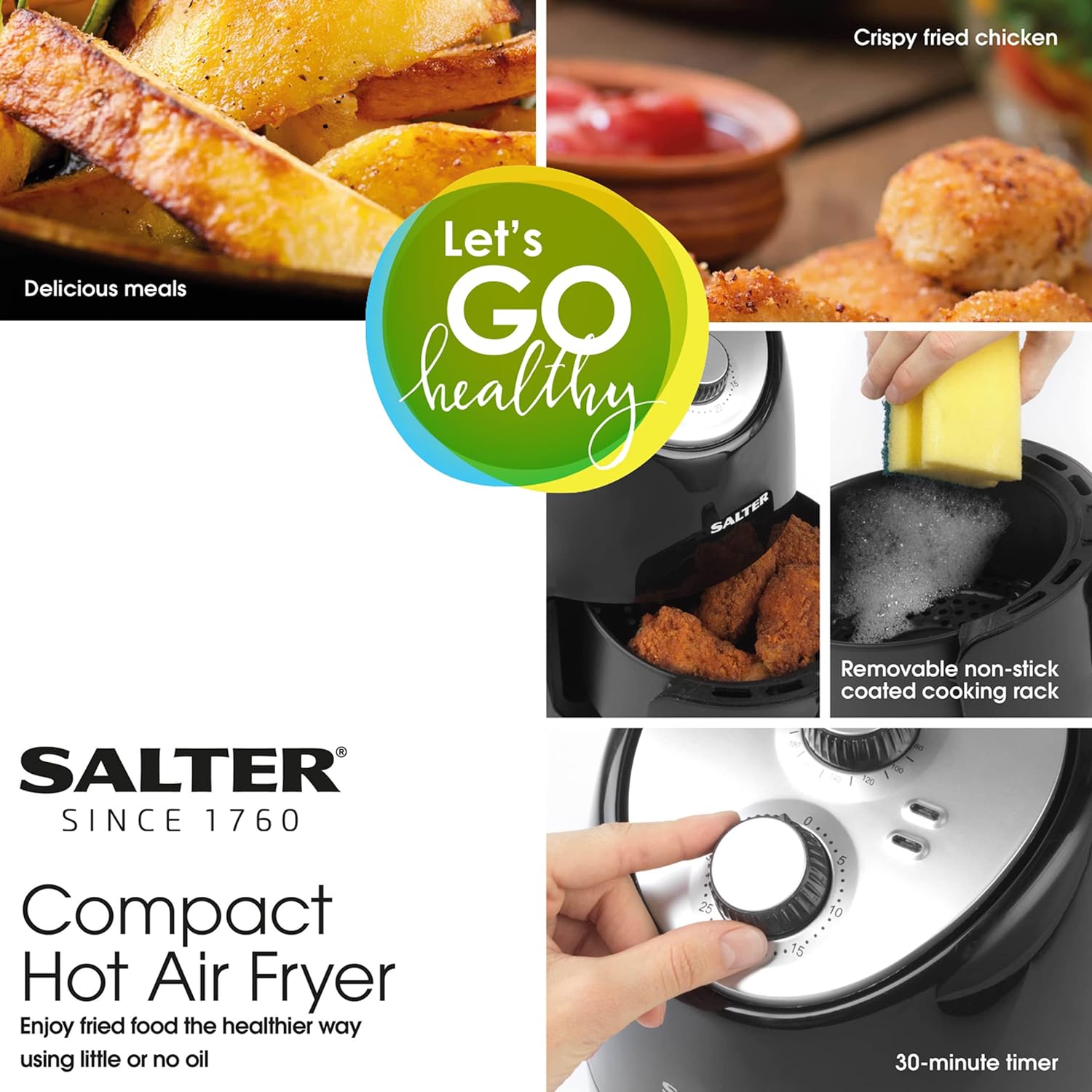 Salter EK2817H 2L Compact Air Fryer, Non - Stick Cooking, 30 Minute Timer, Automatic Shut Off Function, Hot Air Circulation, Healthier Cooking, Adjustable Temperature Control, Small Households, 1000W - Amazing Gadgets Outlet