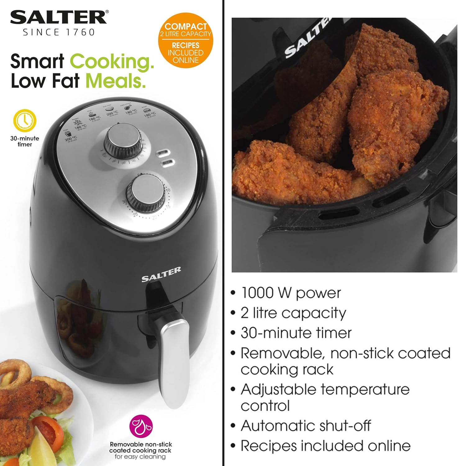 Salter EK2817H 2L Compact Air Fryer, Non - Stick Cooking, 30 Minute Timer, Automatic Shut Off Function, Hot Air Circulation, Healthier Cooking, Adjustable Temperature Control, Small Households, 1000W - Amazing Gadgets Outlet