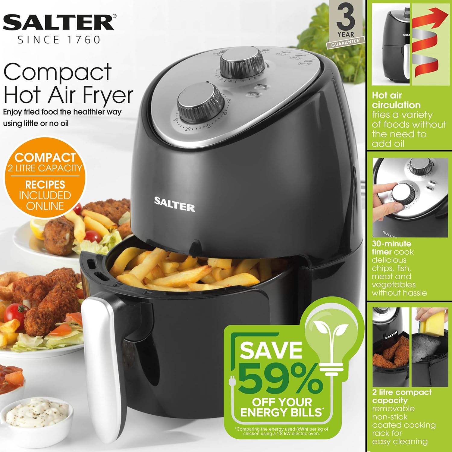 Salter EK2817H 2L Compact Air Fryer, Non - Stick Cooking, 30 Minute Timer, Automatic Shut Off Function, Hot Air Circulation, Healthier Cooking, Adjustable Temperature Control, Small Households, 1000W - Amazing Gadgets Outlet