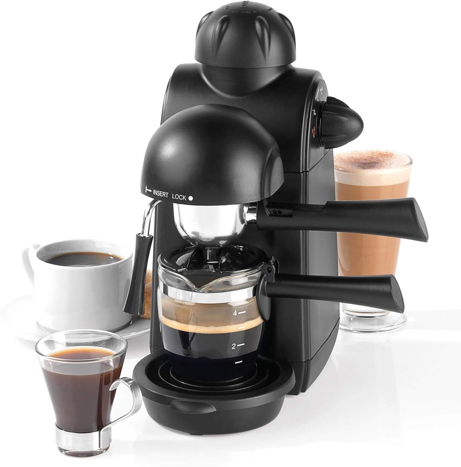 Salter EK3131 Espressimo Coffee Machine – 4 - Shot Espresso Maker, Milk Frothing Wand, Includes 240 ml Glass Carafe, Barista Style Latte And Cappuccino, 5 - Bar Pressure, Stainless Steel Filter, 870W - Amazing Gadgets Outlet