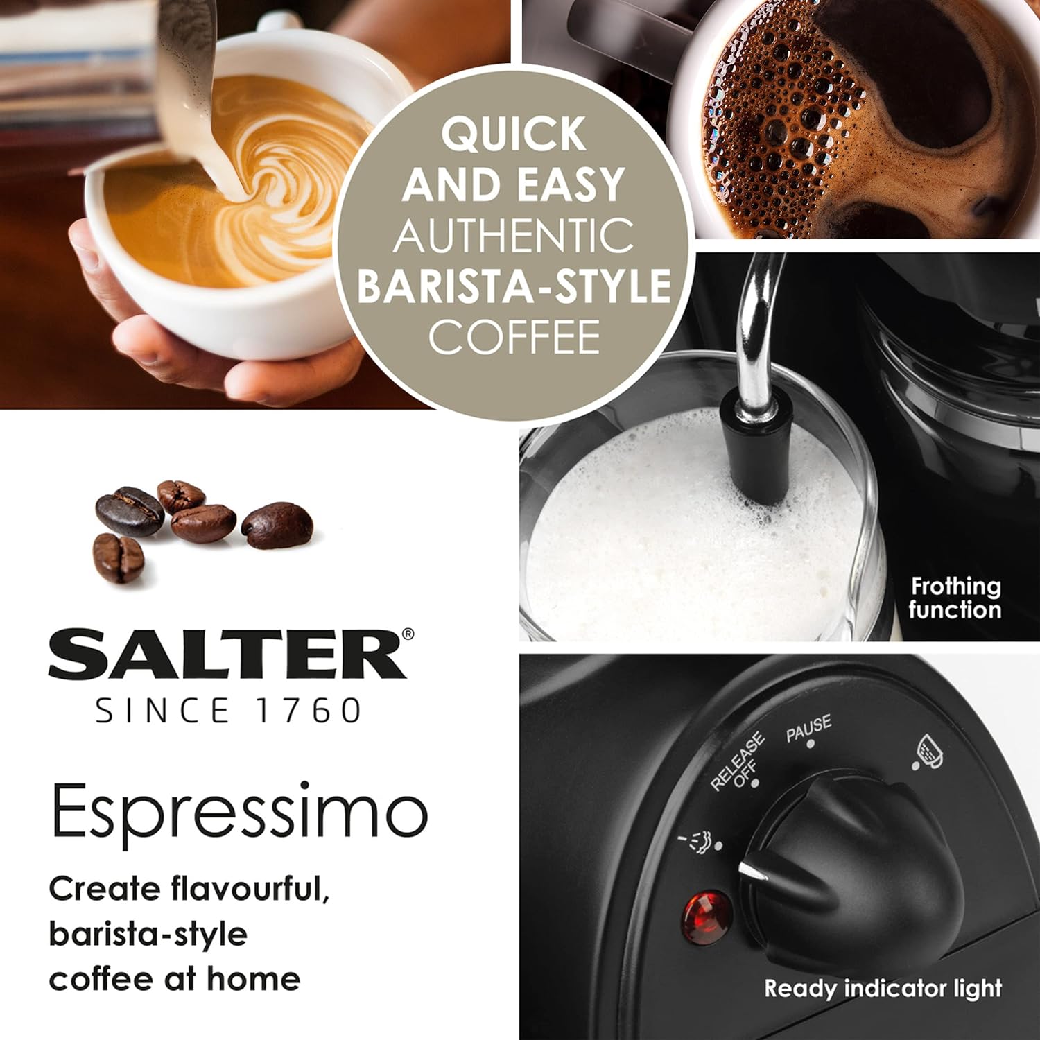 Salter EK3131 Espressimo Coffee Machine – 4 - Shot Espresso Maker, Milk Frothing Wand, Includes 240 ml Glass Carafe, Barista Style Latte And Cappuccino, 5 - Bar Pressure, Stainless Steel Filter, 870W - Amazing Gadgets Outlet