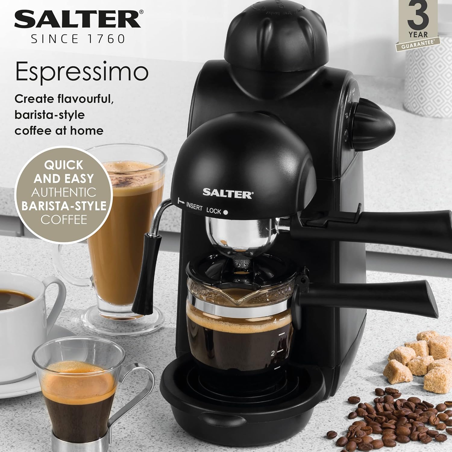 Salter EK3131 Espressimo Coffee Machine – 4 - Shot Espresso Maker, Milk Frothing Wand, Includes 240 ml Glass Carafe, Barista Style Latte And Cappuccino, 5 - Bar Pressure, Stainless Steel Filter, 870W - Amazing Gadgets Outlet