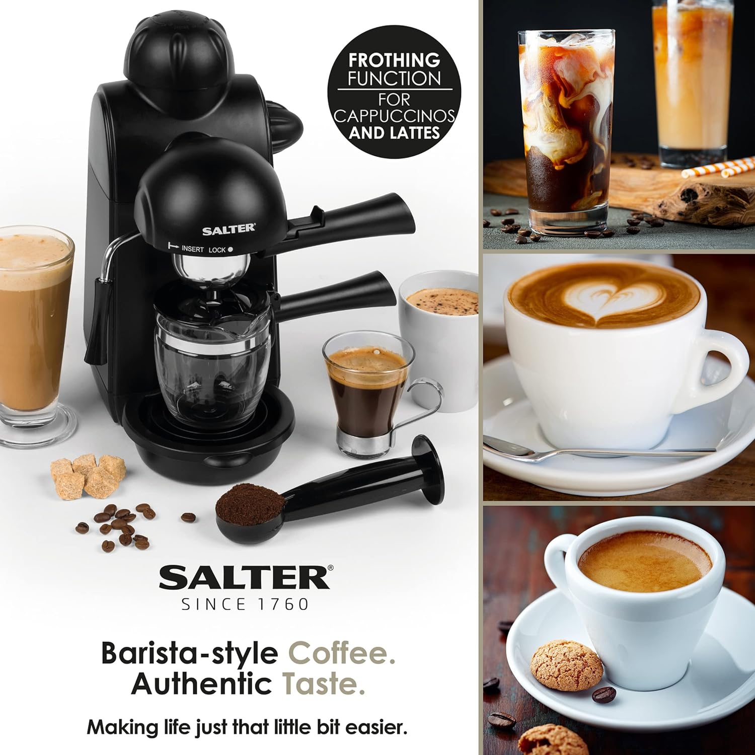 Salter EK3131 Espressimo Coffee Machine – 4 - Shot Espresso Maker, Milk Frothing Wand, Includes 240 ml Glass Carafe, Barista Style Latte And Cappuccino, 5 - Bar Pressure, Stainless Steel Filter, 870W - Amazing Gadgets Outlet