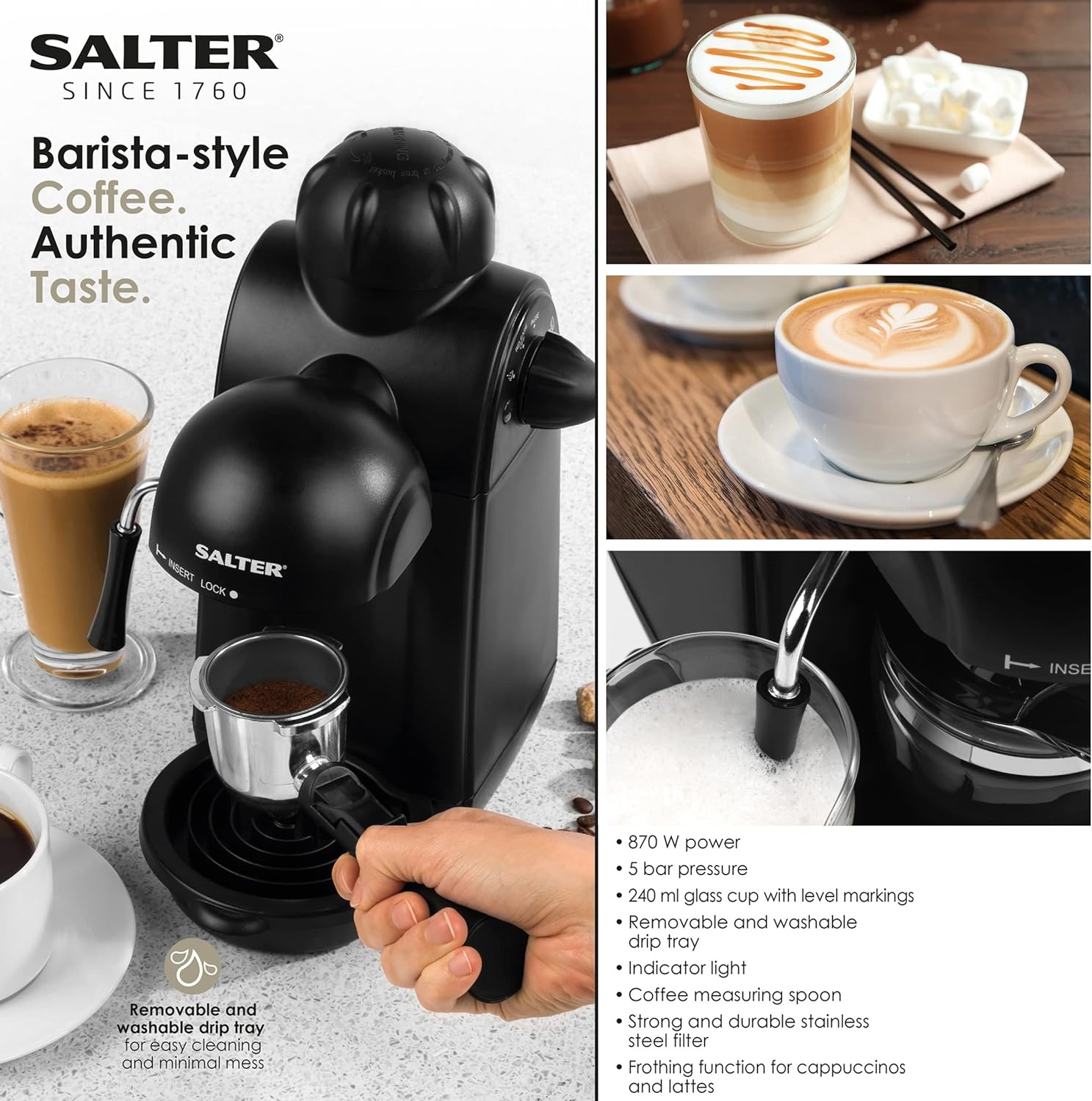 Salter EK3131 Espressimo Coffee Machine – 4 - Shot Espresso Maker, Milk Frothing Wand, Includes 240 ml Glass Carafe, Barista Style Latte And Cappuccino, 5 - Bar Pressure, Stainless Steel Filter, 870W - Amazing Gadgets Outlet