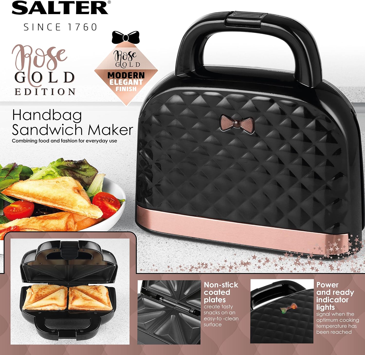 Salter EK3677 Non - Stick Toastie Maker - Diamond Handbag Shaped Sandwich Toaster, Snack Machine, Compact Design, Cool Touch Handle, Panini Press, Pre - Heat In 3 Minutes, Power & Ready Indicator Lights - Amazing Gadgets Outlet